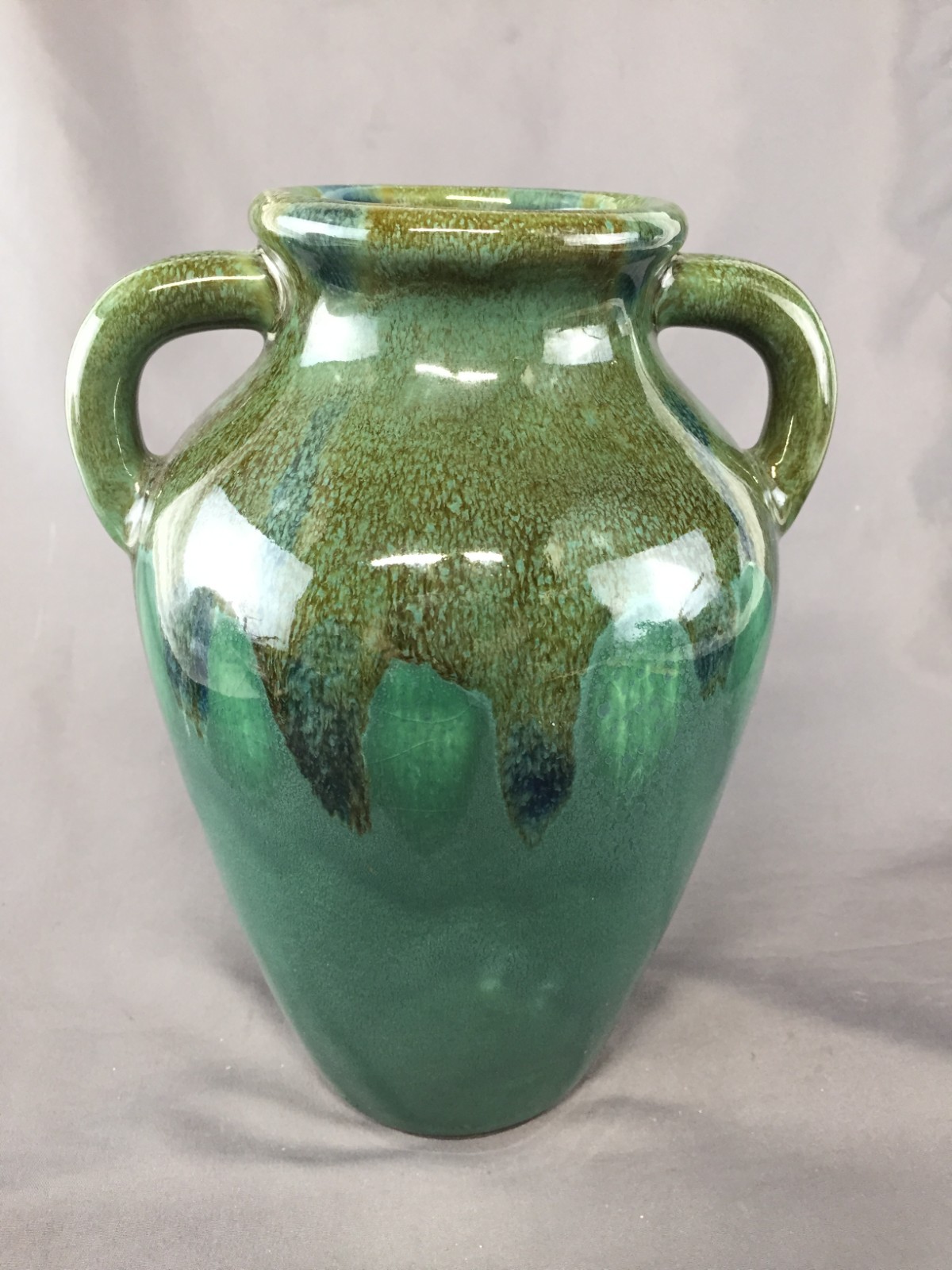 VTG Art Deco Glazed Green & Blue Drip Double Handle Stoneware 9″ Tall Vase Urn