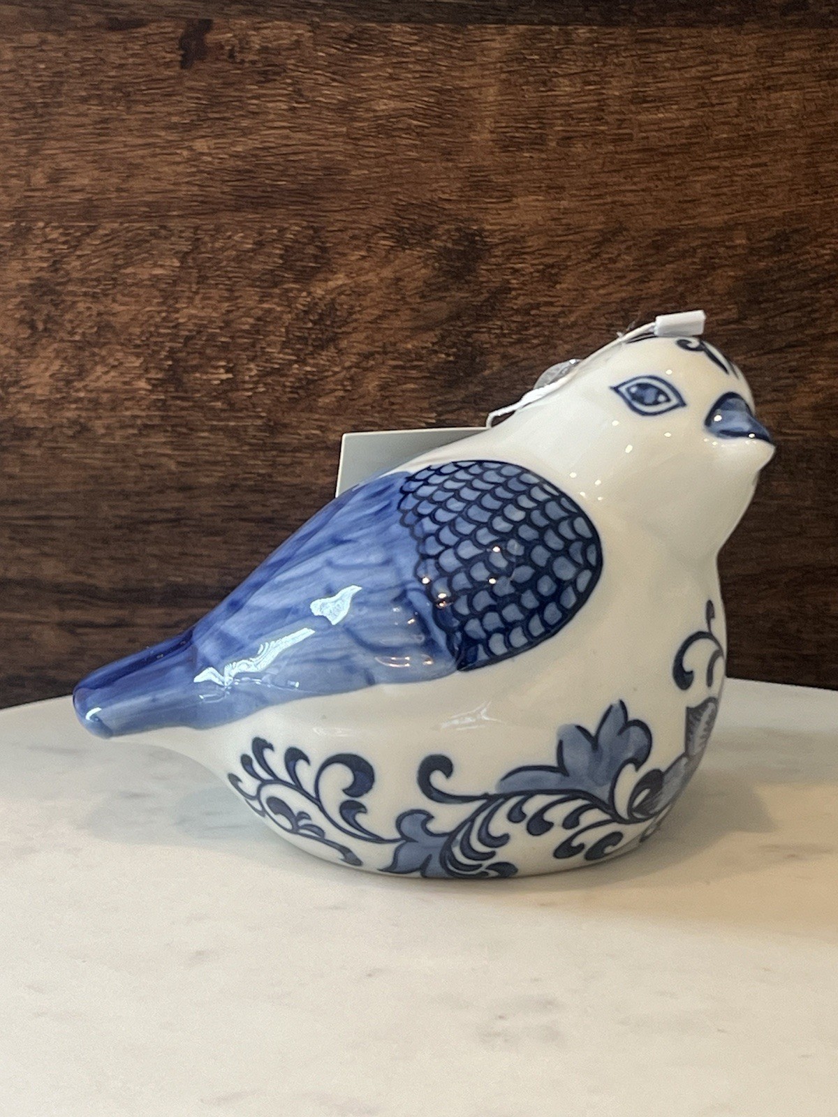 Blue And White Floral Chinoserie Delft Hand Painted Bird Ceramic Decor Figurine