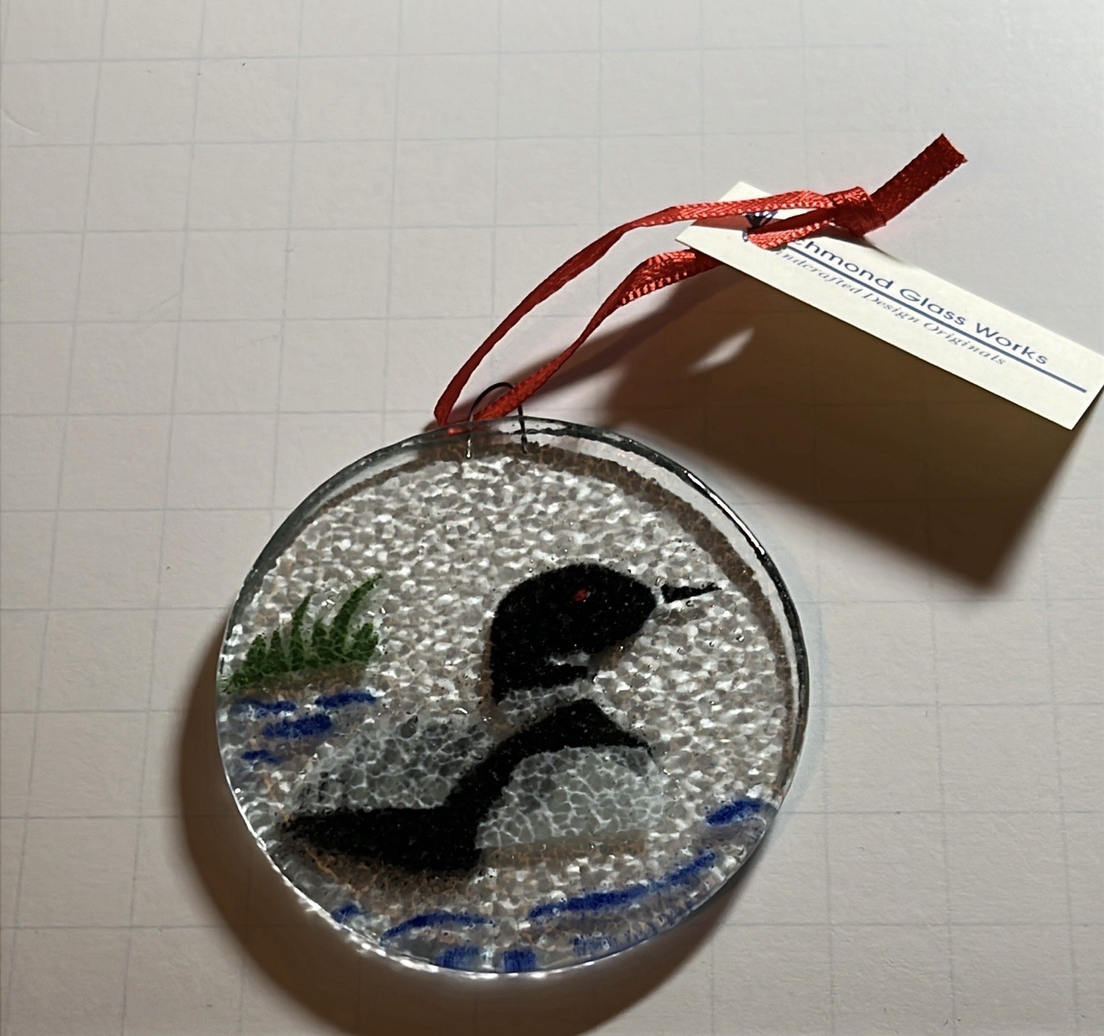 Fused Glass Loon Bird Christmas ornament 2.5″ sun catcher Richmond Glass Works