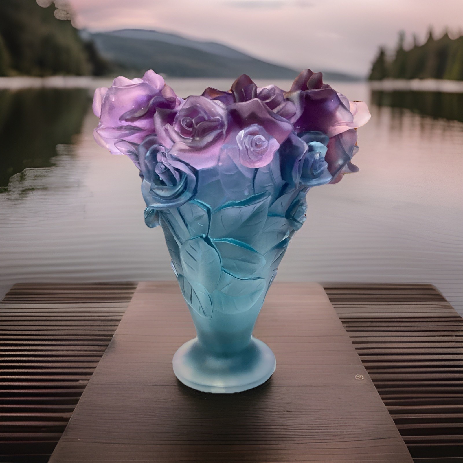 Xl Nancy Daum Style Blue Multi Rose Vase H9”W9” Heavy Art Glass Maker Unknown