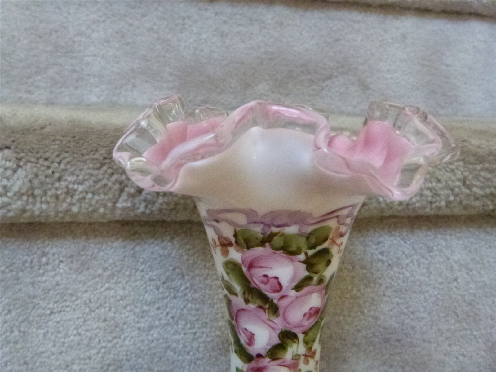 VTG Fenton Charleton Rose Crest Ruffled Hand Painted Vase Pink Cased 8″