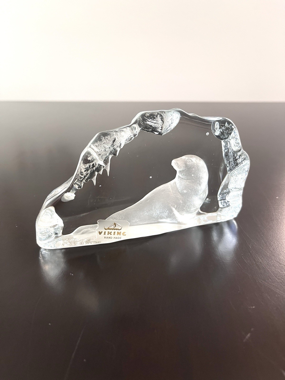 Viking Glass Frosted Seal Figurine Paperweight MCM Satin Art Glass 6” Vintage