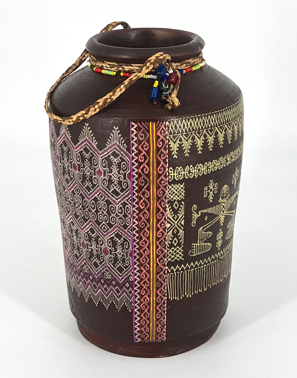 Vintage Large Vase Jug Traditional Indiginous Pottery Mandaya Lumad Brown Pink