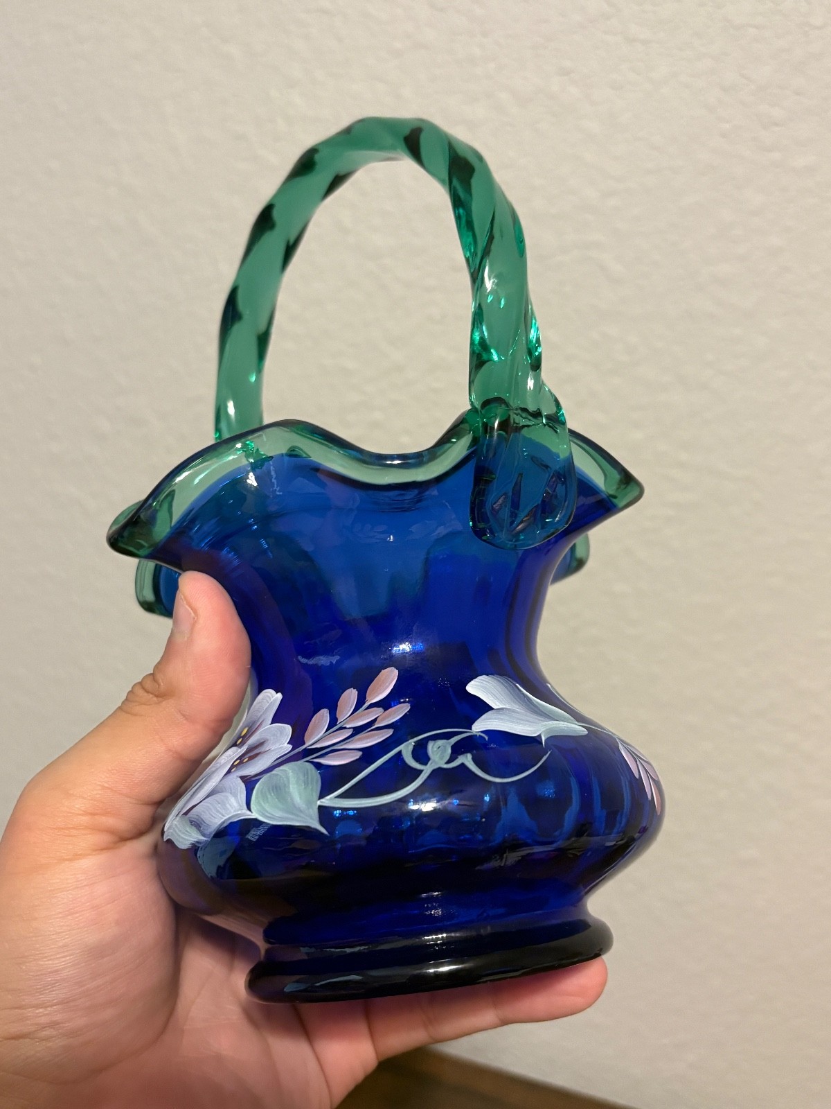 VTG Fenton Cobalt Blue 8.25″H HP Morning Glory Floral Rib Optic Basket SIGNED