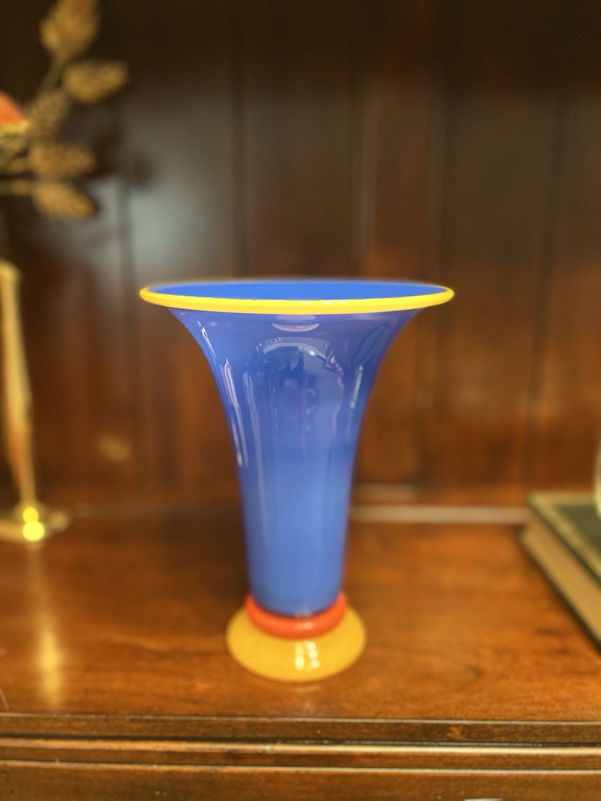 Transjo Hytta Signed Blue Red Yellow Orange Hand Blown Vase 7.5 Inches