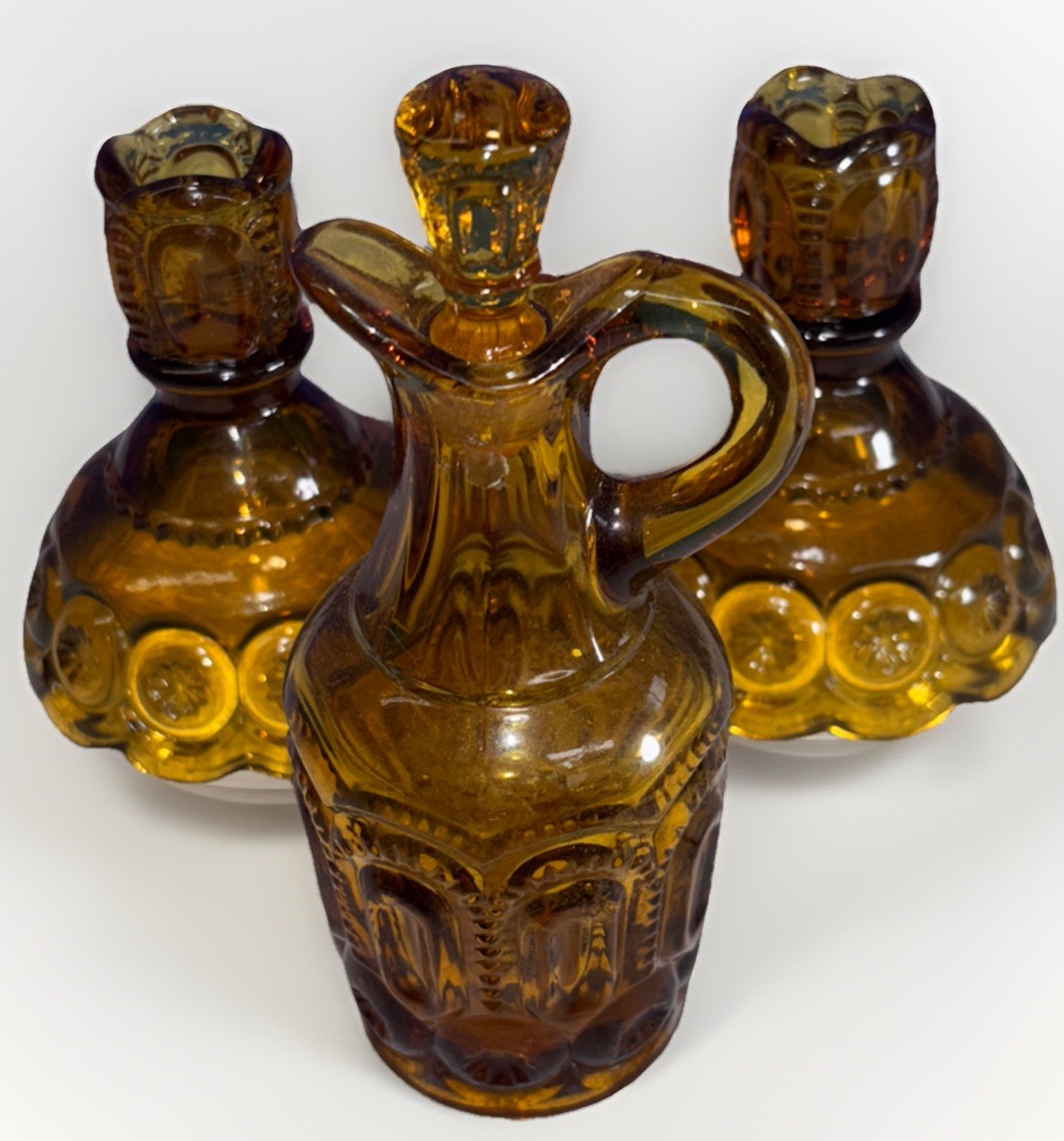 VTG L. E. Smith Moon & Stars Amber Glass Candlesticks 5″. + Crust & Stopper