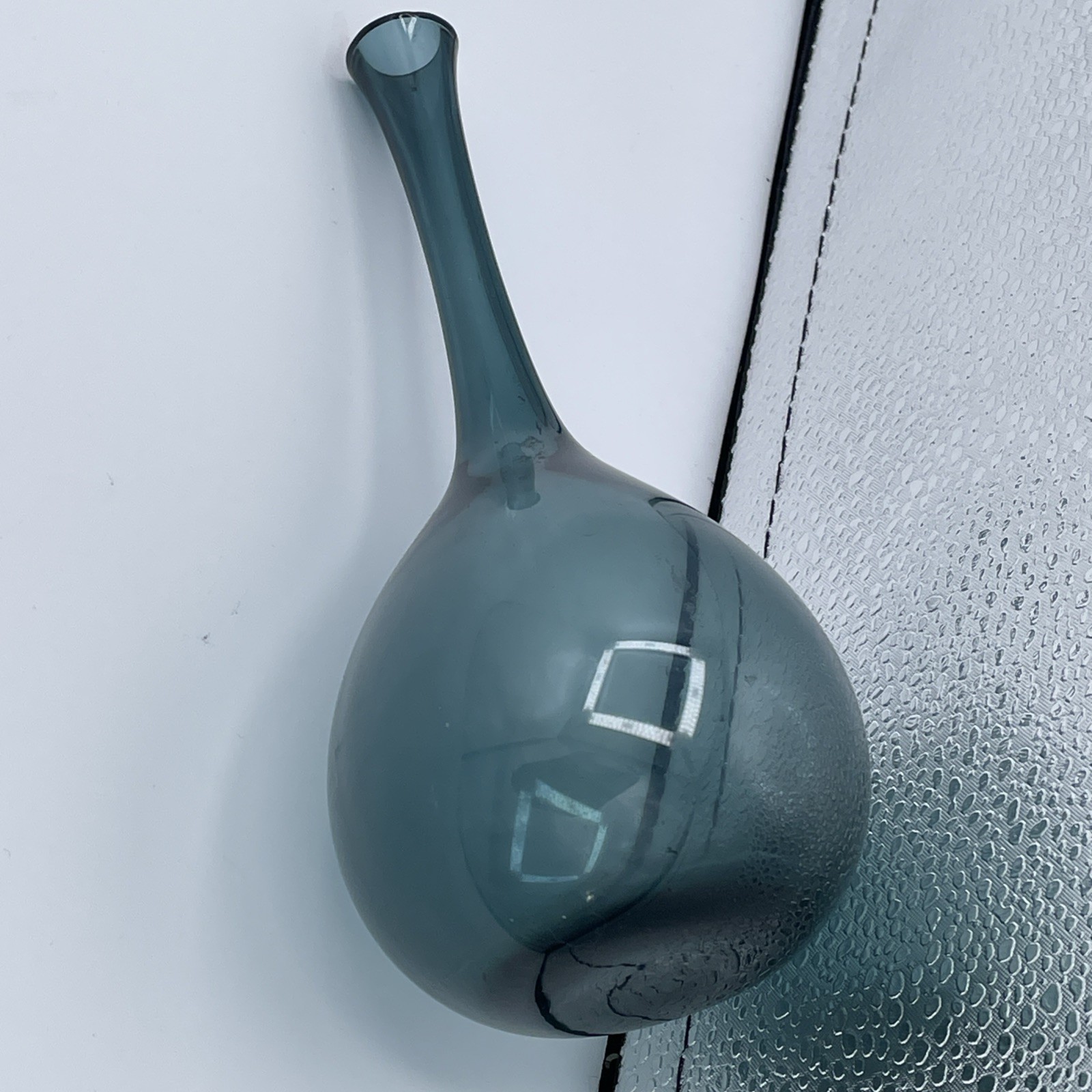 Vintage Mcm Teal Blue Hand Blown Art Glass Bottle Vase, Scandinavian Style 8”