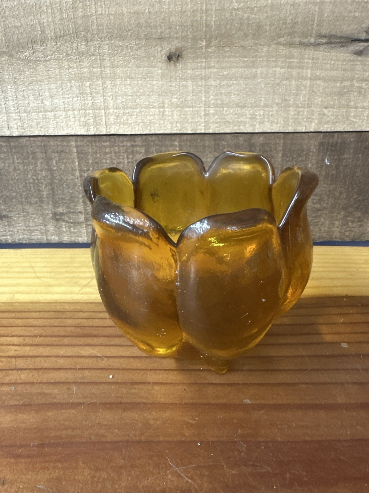 VINTAGE Amber Heavy Glass Tulip Lotus Flower Vase Bowl Candle Holder