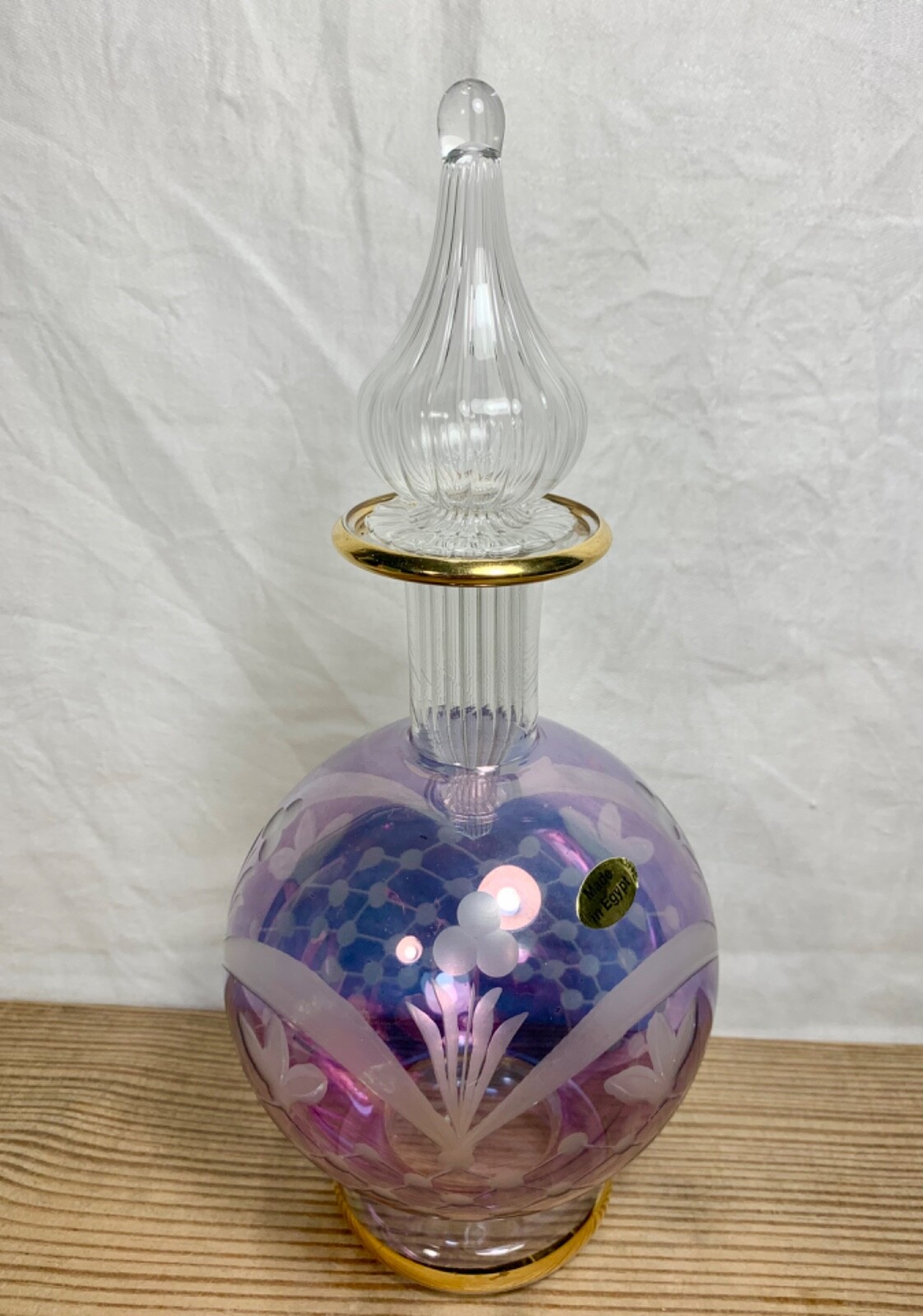 Vintage Art Glass 9” Genie Decanter Purple Etched Gold Trim pedestal w stopper