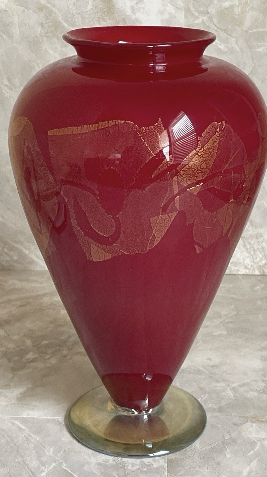 John Cook Signed Art Glass Vase Hand-blown Cherry Red & Gold & Amber Base 2004