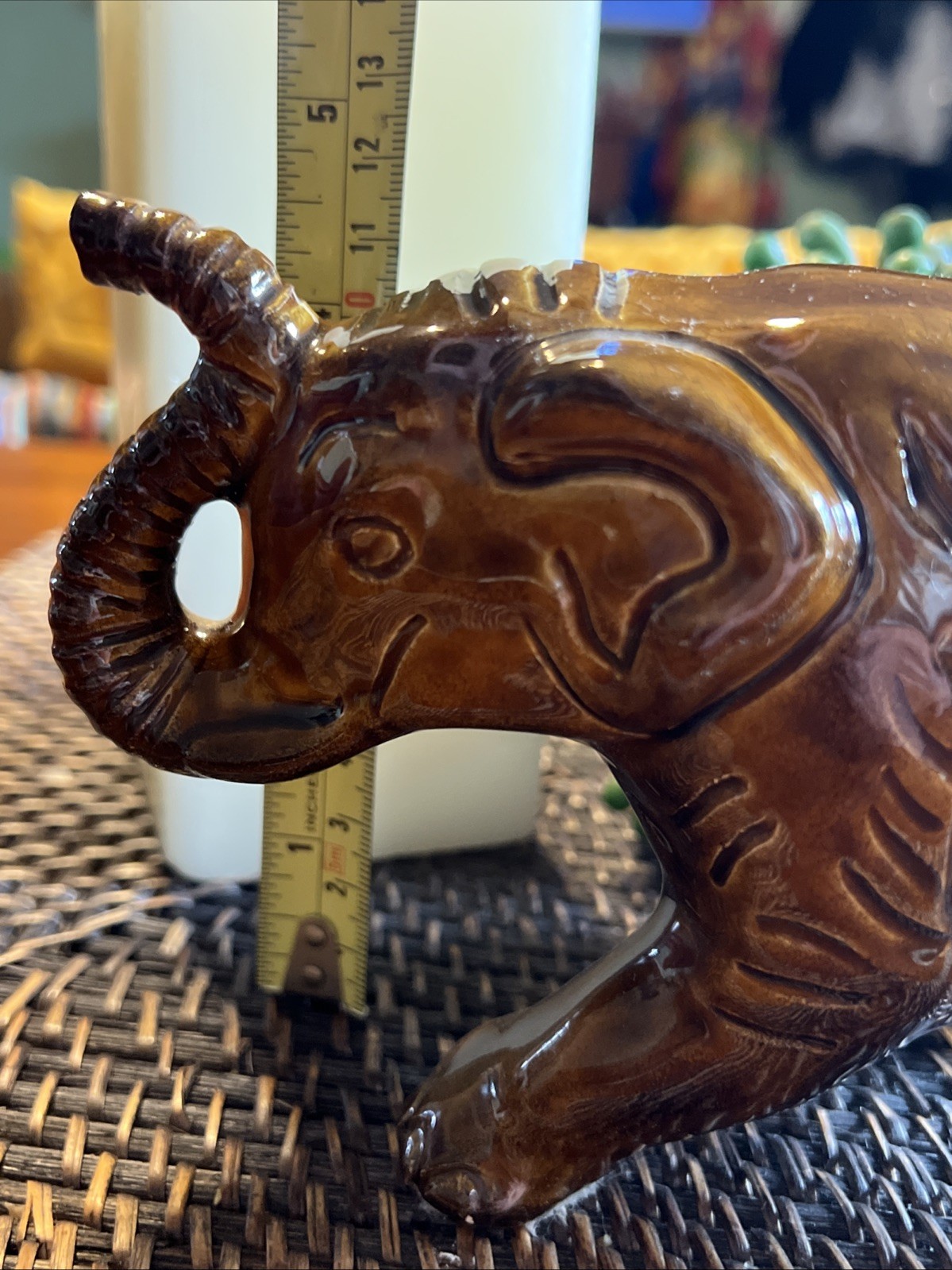 Vintage Van Briggle Elephant Trunk Up Golden Brown Gloss Glaze Figurine- Signed