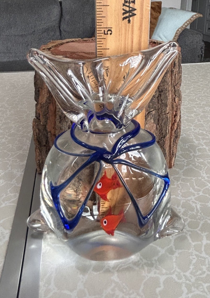 Paperweight Fish In A Wrapped Gift Bag Clear Art Blown Glass 4.75”
