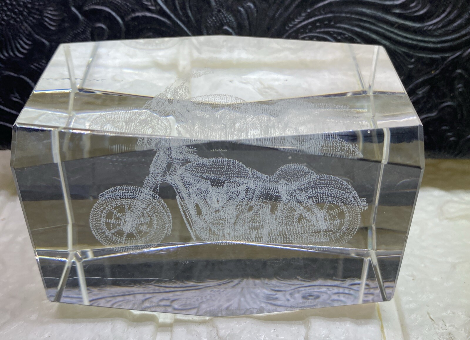 Vintage Etched Motorcycle Glass Paperweight 3 1/4” X 2” X 2” EUC