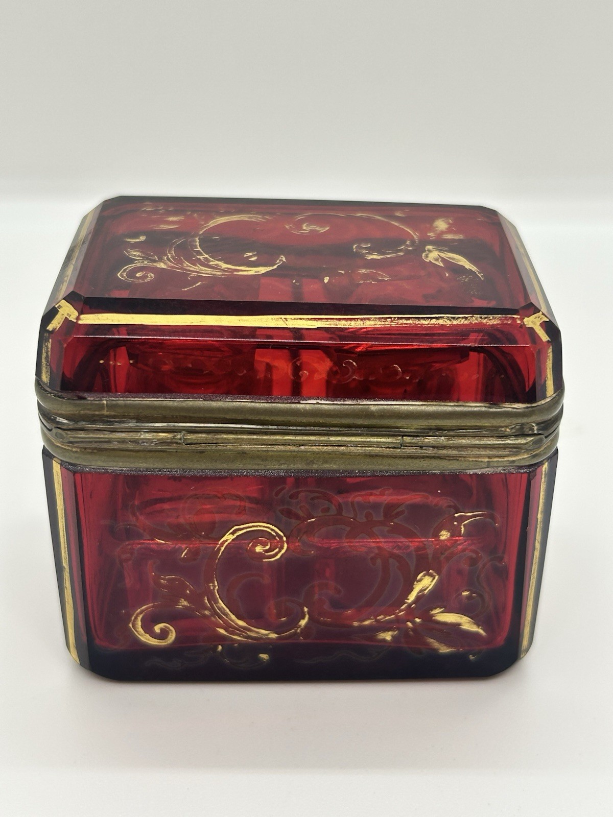 Antique 19th Century Glass Cranberry/Ruby Perfume Casket Box W/2 Glass Bottles