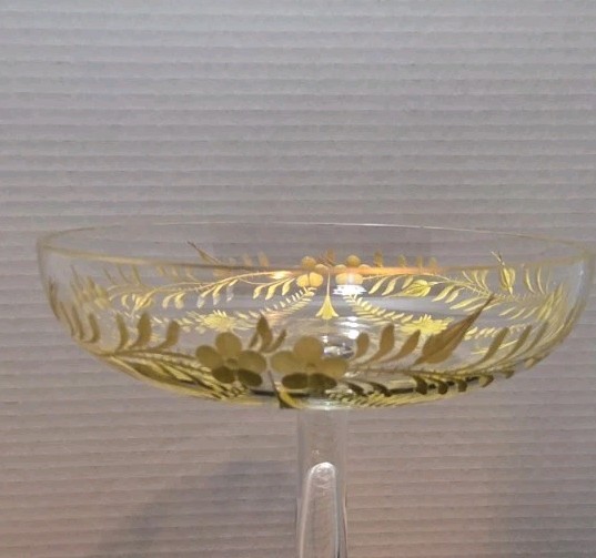 Antique Moser Tazza/ Compote Large Cut Crystal with Gold Gilt Intaglio Style 8″