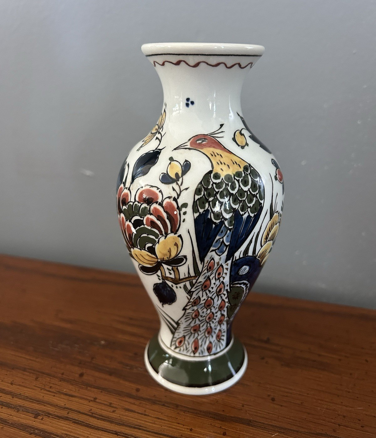 Delft Style Dutch Hand Painted Ceramic Peacock Floral Bud Vase, Glossy
