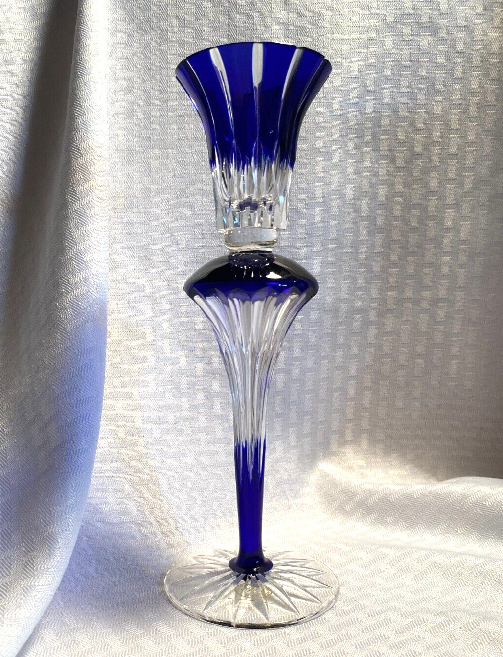AJKA CASTILLE CANDLESTICK COBALT BLUE CUT TO CLEAR CRYSTAL BOHEMIAN HUNGARY TAG