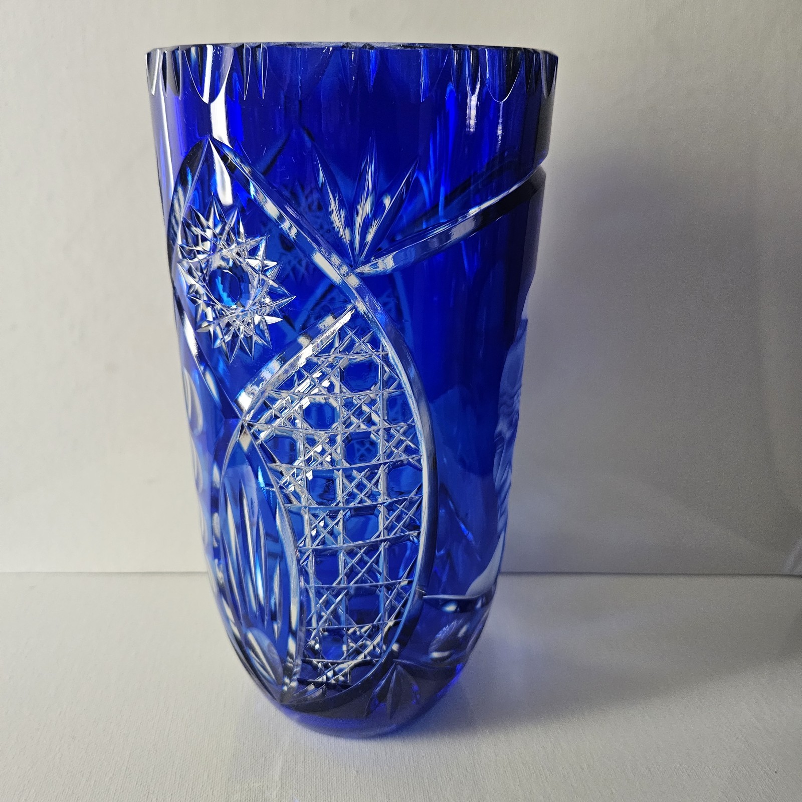 Cobalt Blue Cut To Clear Glass Vase Pope John Paul Bohemian Style 9.75″