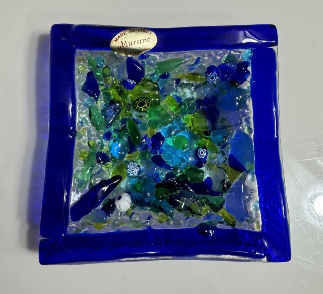 Murano Venetia Hand Fused Millefiori Blue Art Glass Candy Trinket Dish Square
