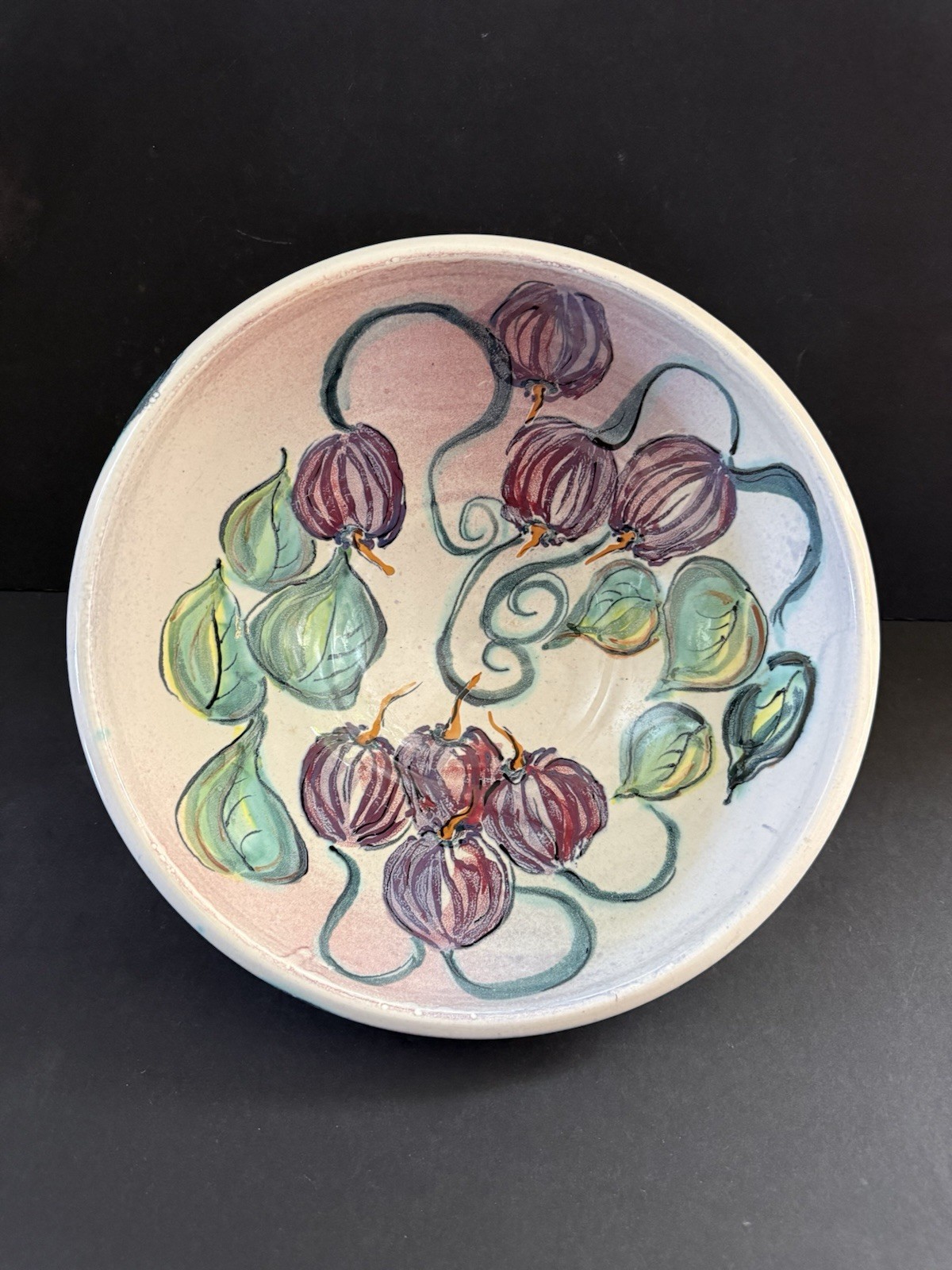 Large 13″ Serving Bowl Hand Painted Pottery Fruit Motif Multicolor – Signed