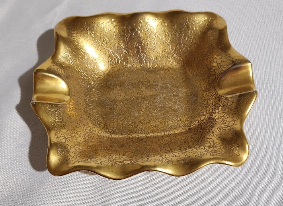 Vintage 5″ × 4″ Pickard China Made In USA Gold Ashtray #136