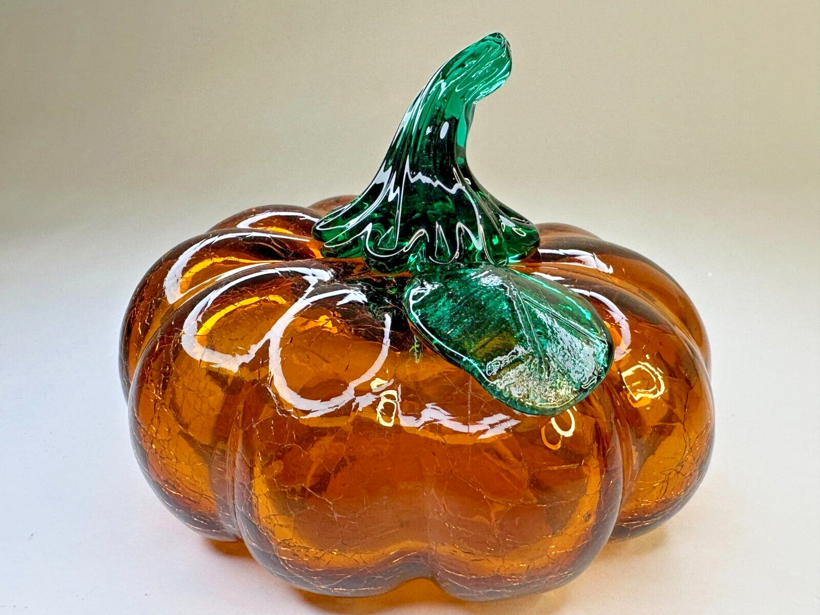 Stunning Artisan Hand Blown Glass Pumpkin w/ Green Leaf and Stem 6″ Dia. 4″ H