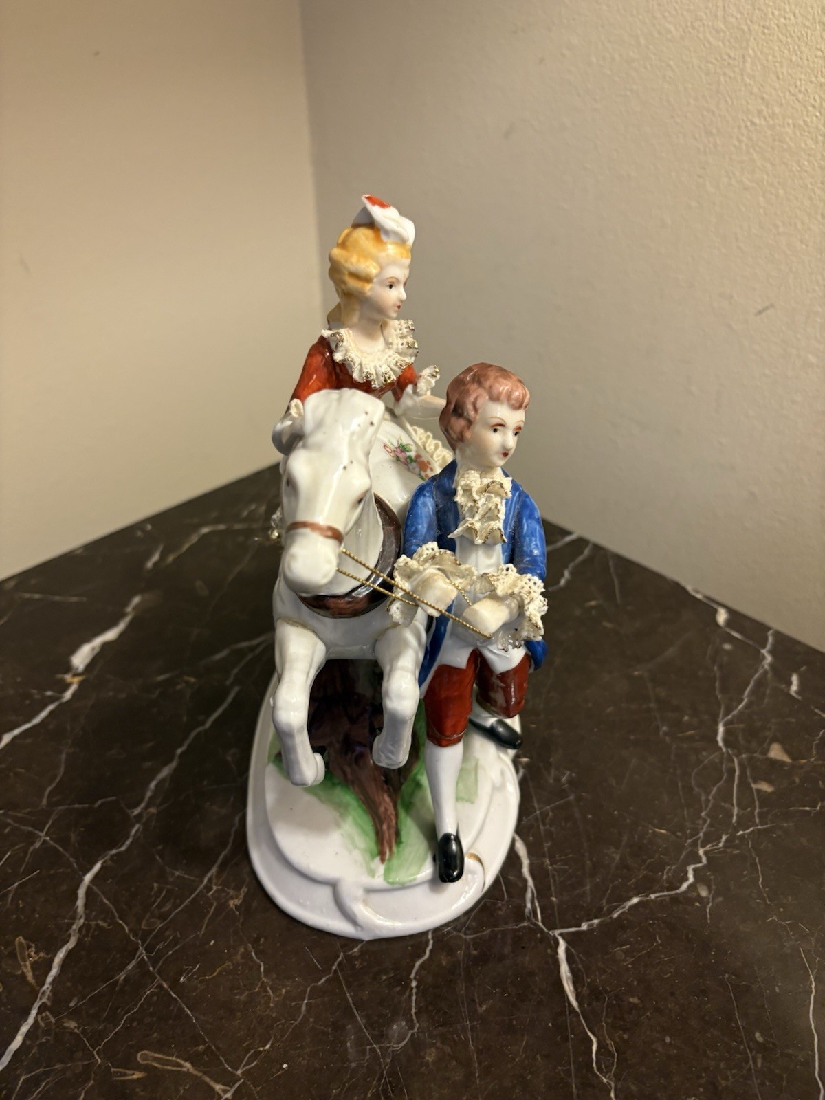 CAPODIMONTE ITALY MAN PULLING LADY ON HORSE PORCELAIN FIGURINE