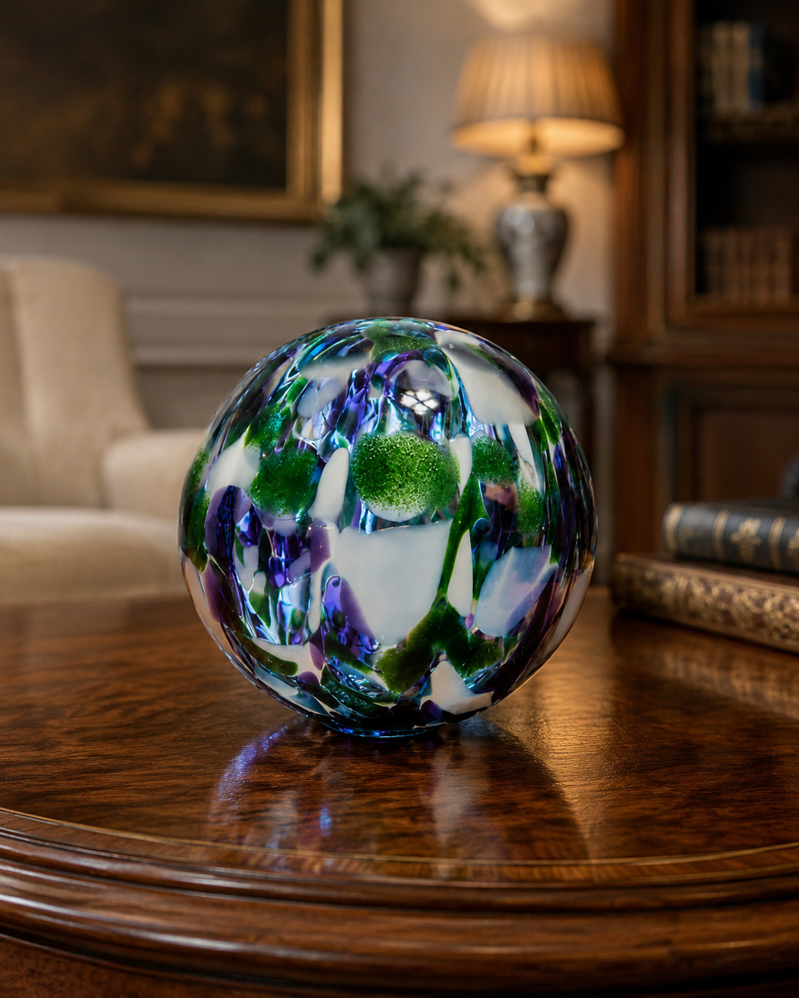 Pyromania Oregon Float Art Glass Orb Paperweight 4.5″ Blue Grn Purple Hand Blown