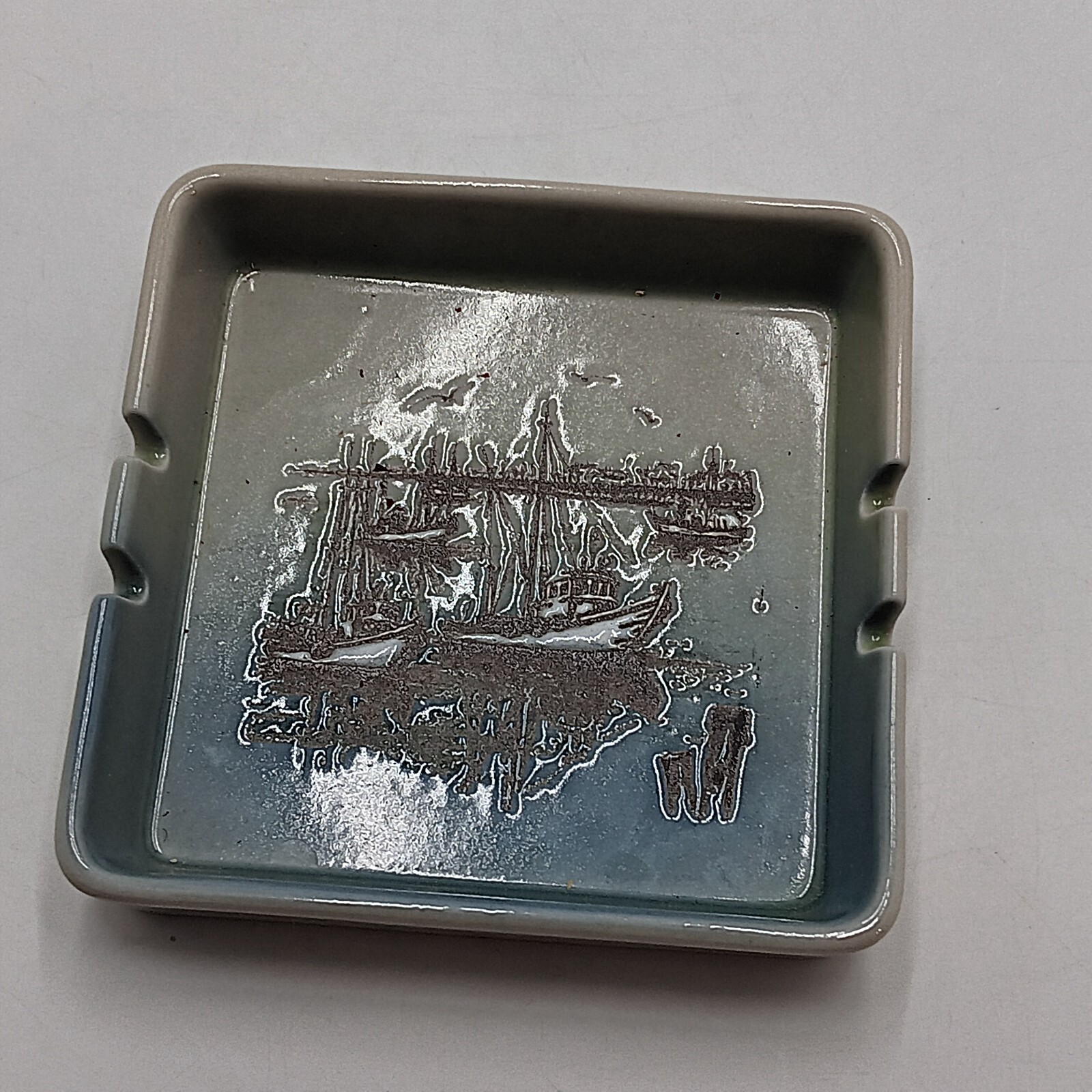 Nautical Boats Harbor Scene Ceramic 5″ Square Ashtray Trinket Dish