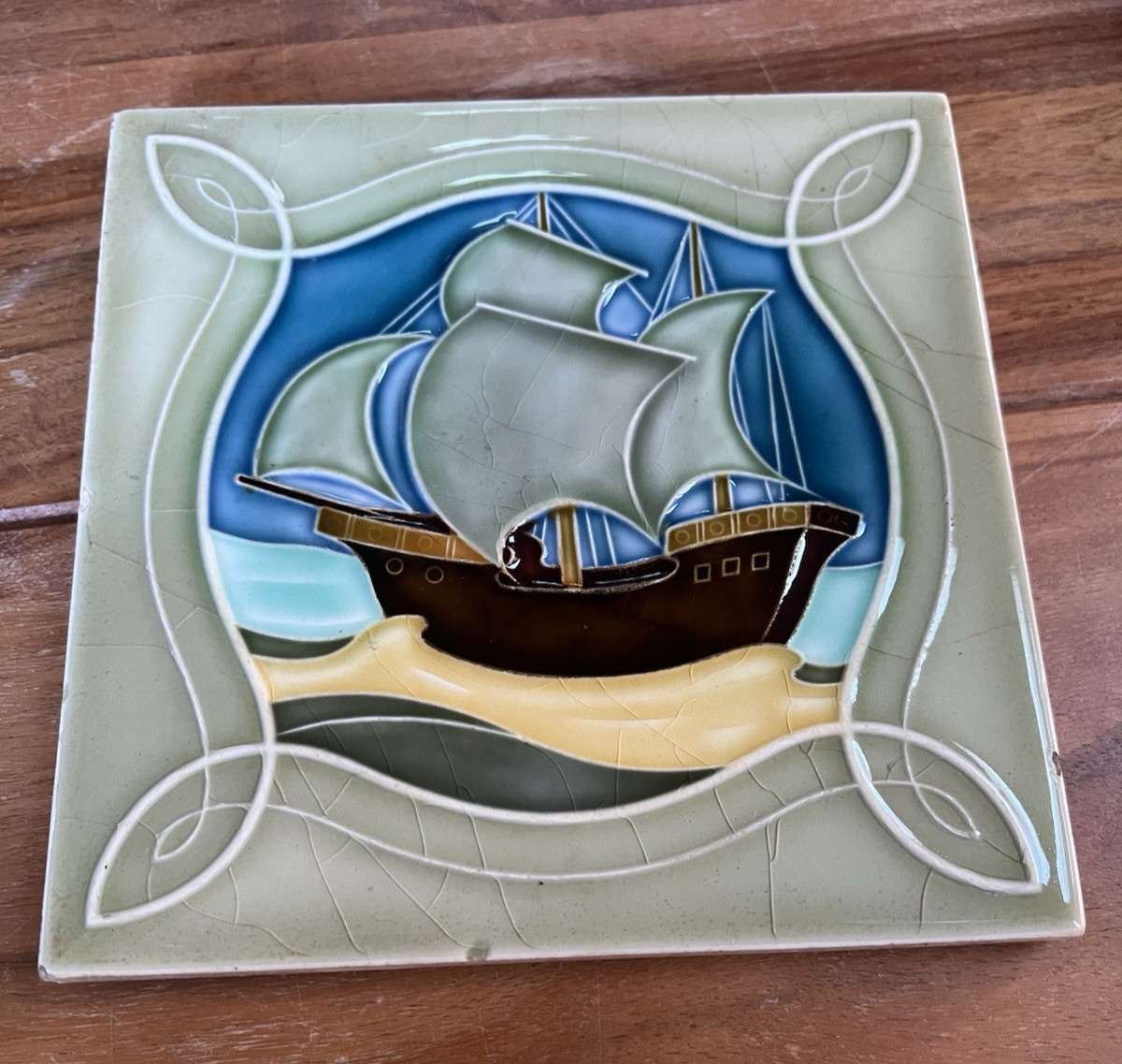 NSTG GROHN Tile of a Ship or Galleon c1900 Beautiful Colors! 6″