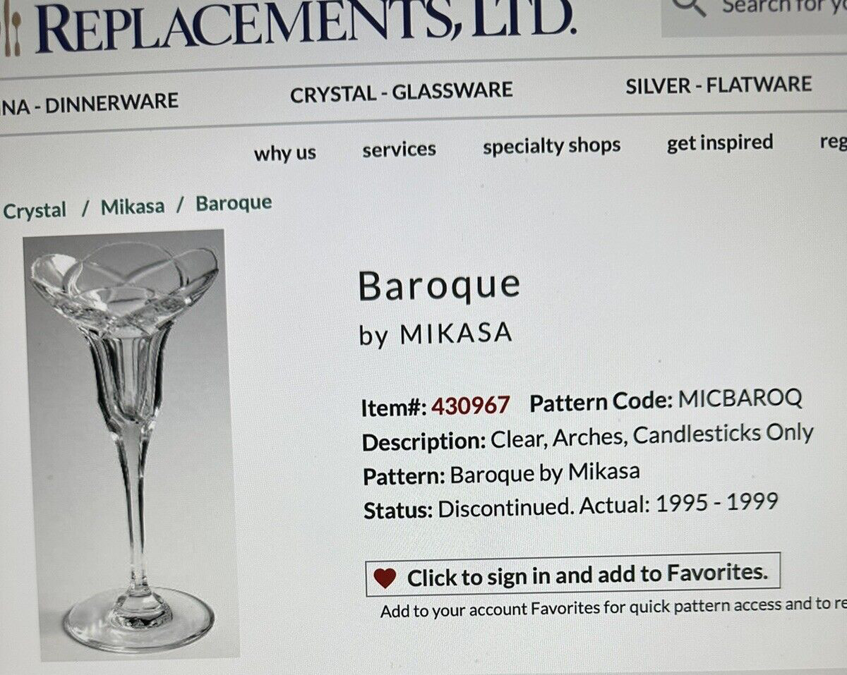 Mikasa Fine Crystal Baroque Single Light Candlestick Holders 7-5/8” Pair (2)