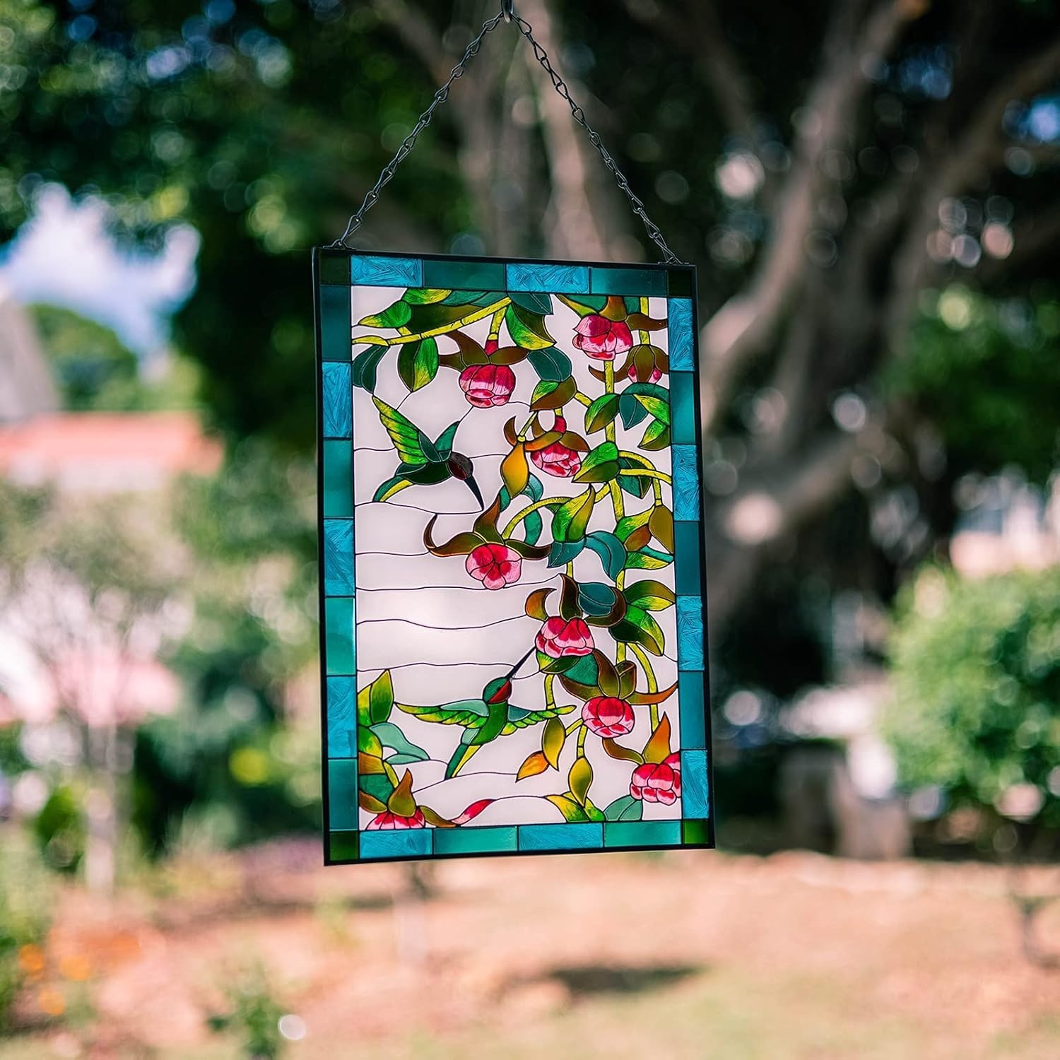 Hummingbird Stained Glass Suncatcher Panel, 10 x 15 in, Chain Hanging