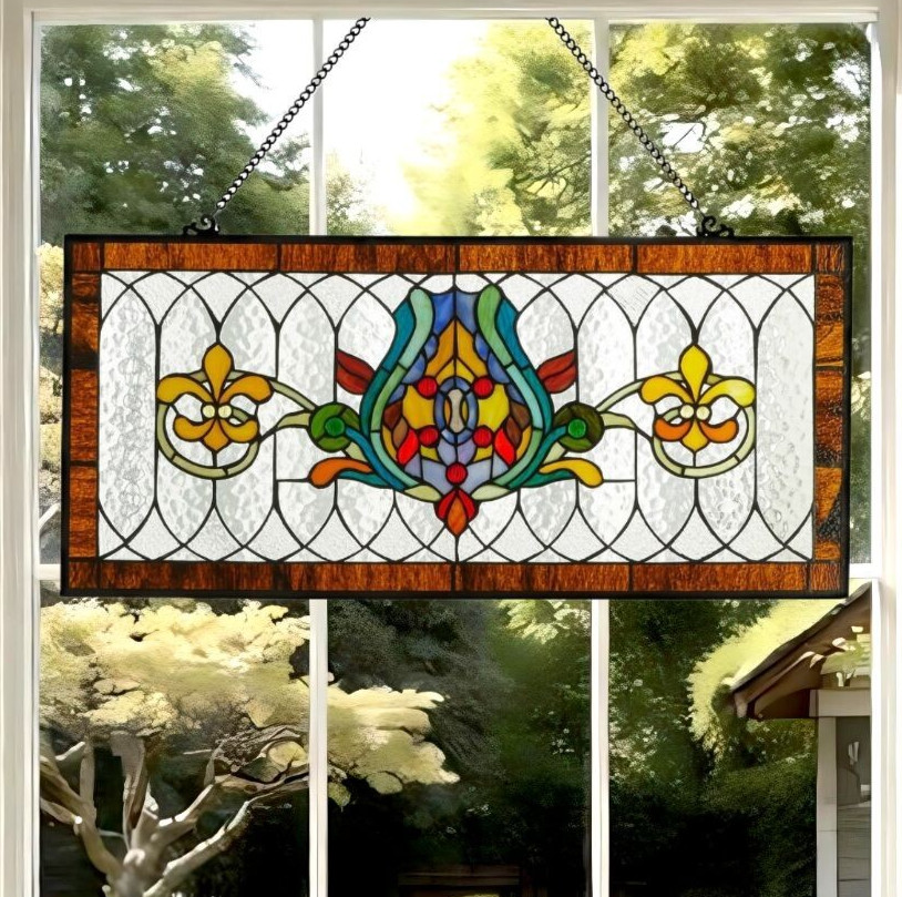 Fleur De Lis Spice Colors Stained Glass Window Panel Suncatcher 30L x 14H