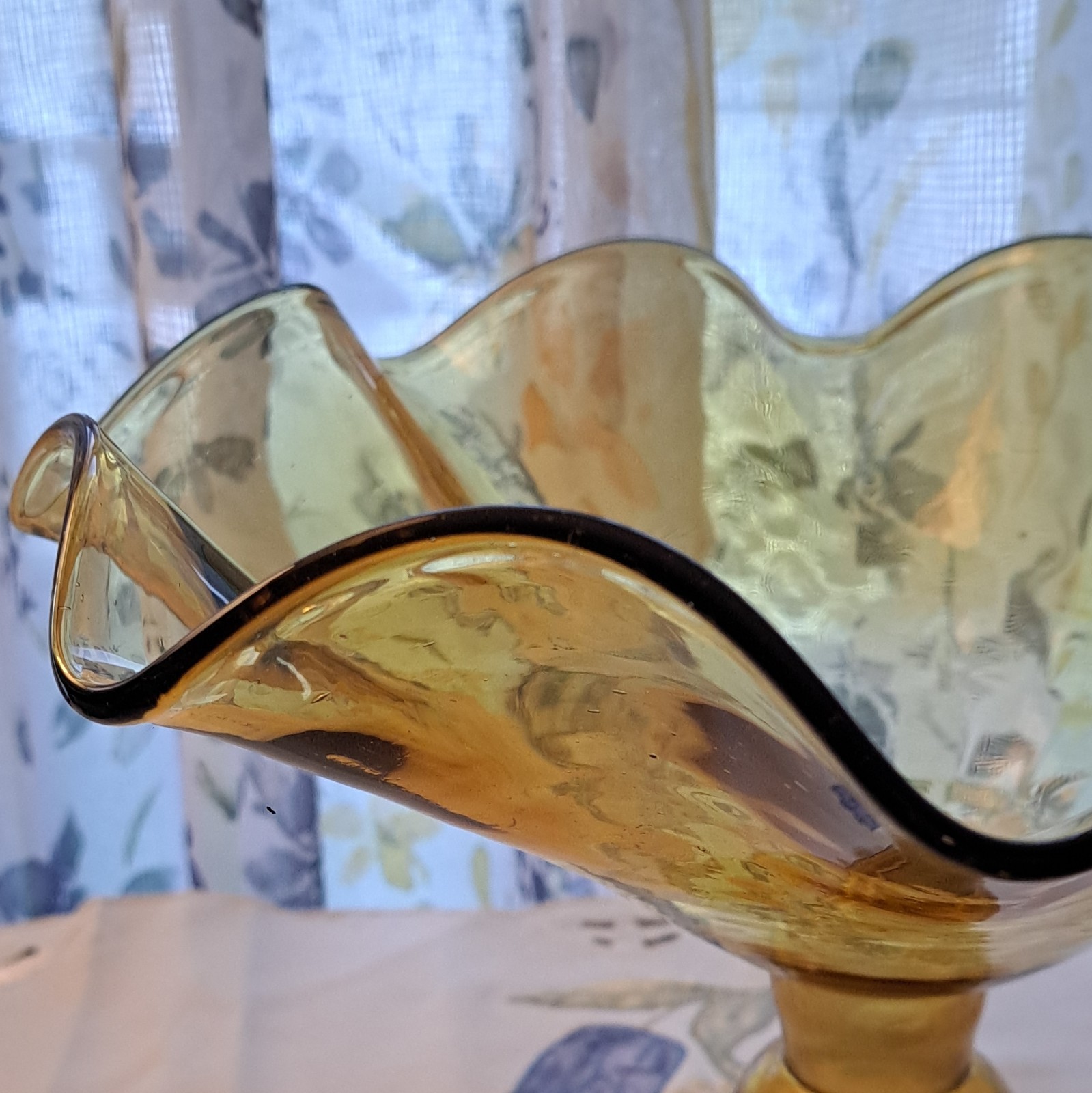 Amber Gold crystal Epergne Ruffled Trumpet Vase 15in Tall HandBlown Raindrop MCM
