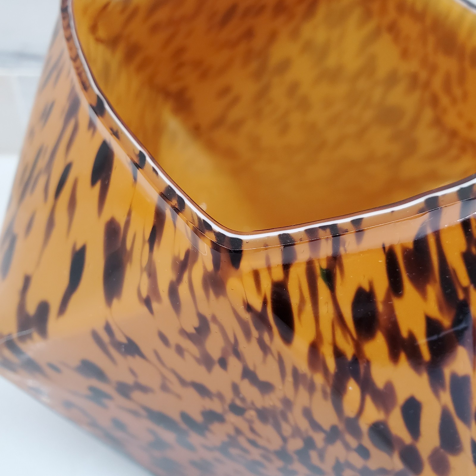 Vintage Leopard Speckled Polyhedral Glass Vase Mouthblown Handmade FLAW 5″x5″