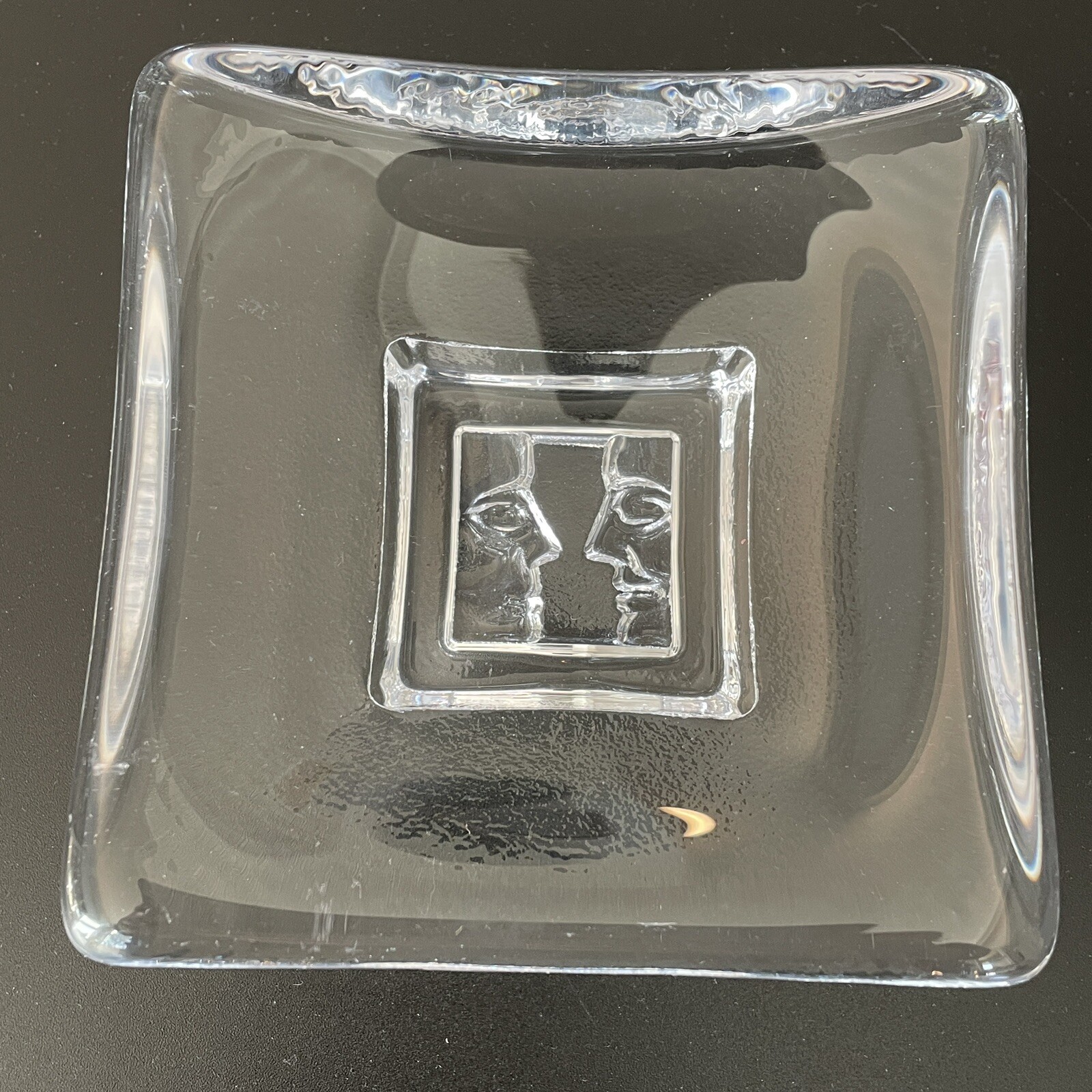 Kosta Boda Square Art Glass Trinket Dish Two Faced By Artist Bertil Vallien