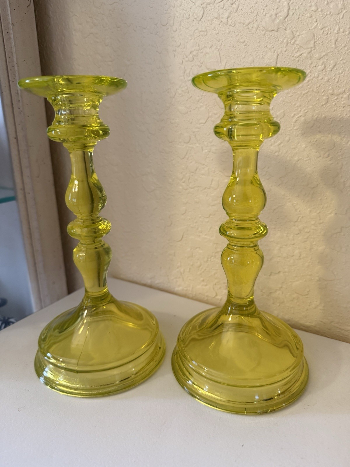 Northwood? Canary Yellow Vaseline Glass Candle Holders 8.5”