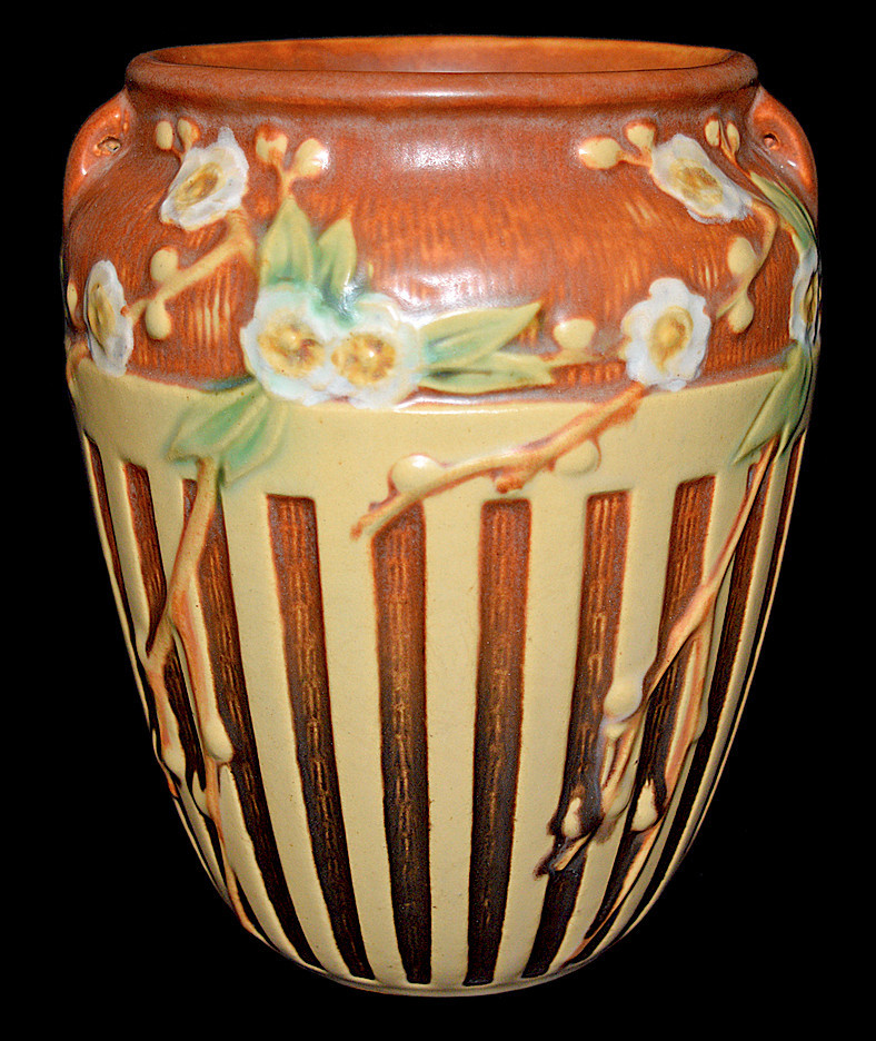 ROSEVILLE Cherry Blossom Brown and Cream Lattice Decoration 7 1/8 In Vase