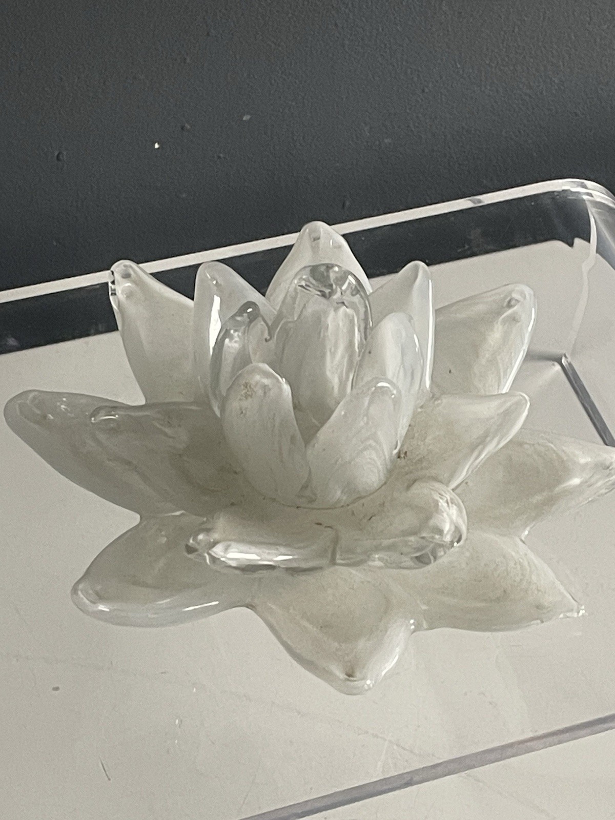 MT Glass Hand Blown White Clear Art Glass Lotus Flower Candle Holder Bowl 6.5”