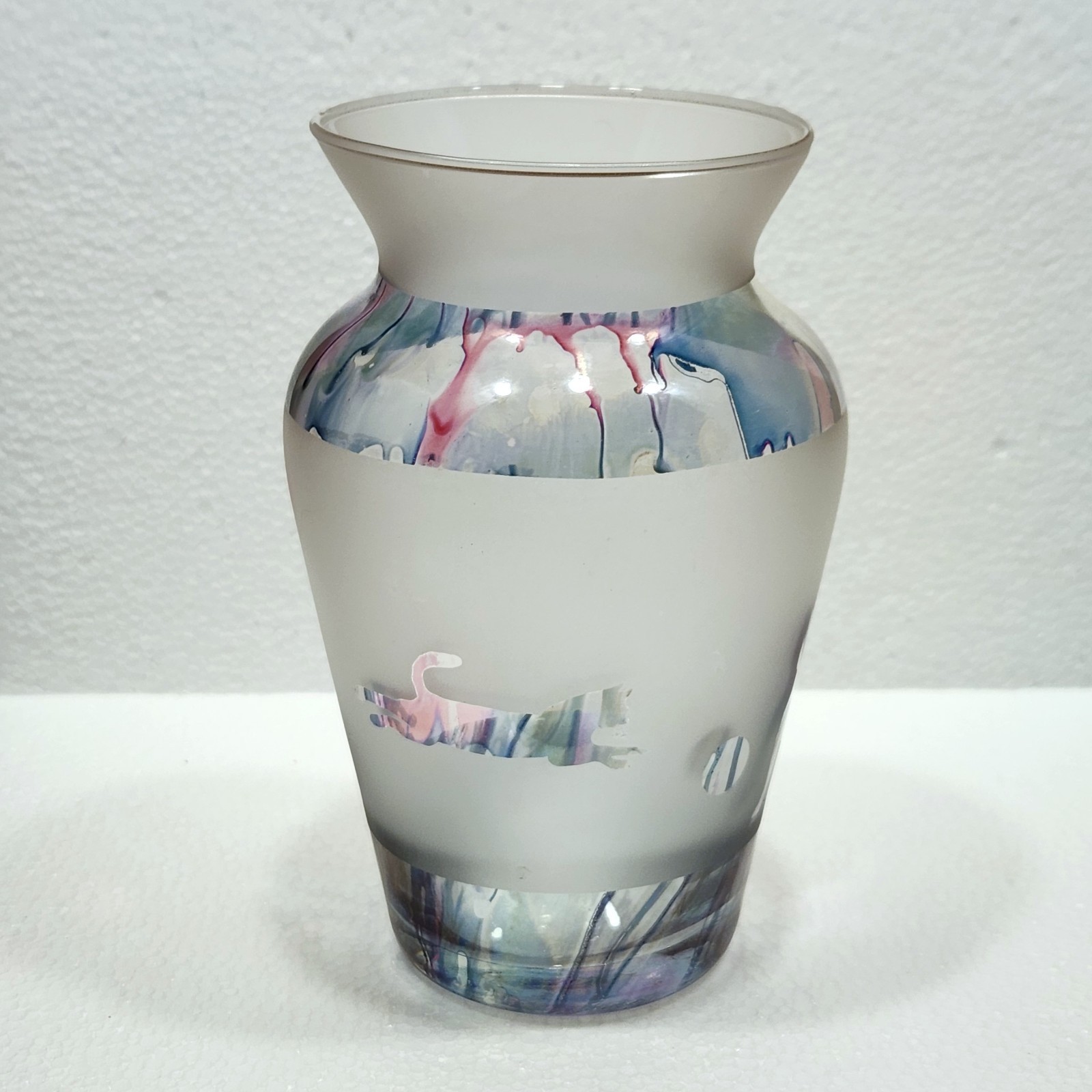 RARE Playful Cats Nouveau? Rueven? Art Glass Vase Iridescent Drip Frosted Satin