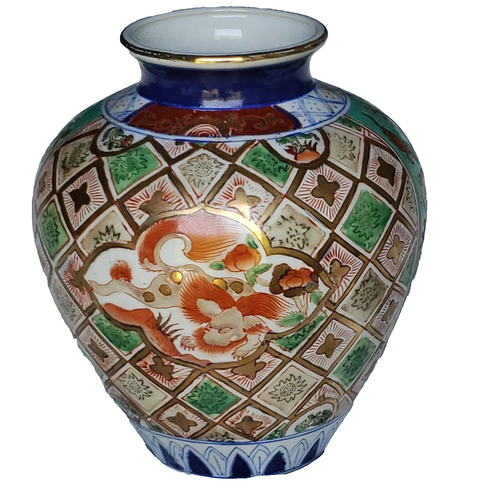 Vintage Asian Vase Porcelain Hand Painted 8 3/4″ By 7 1/2″ Diameter