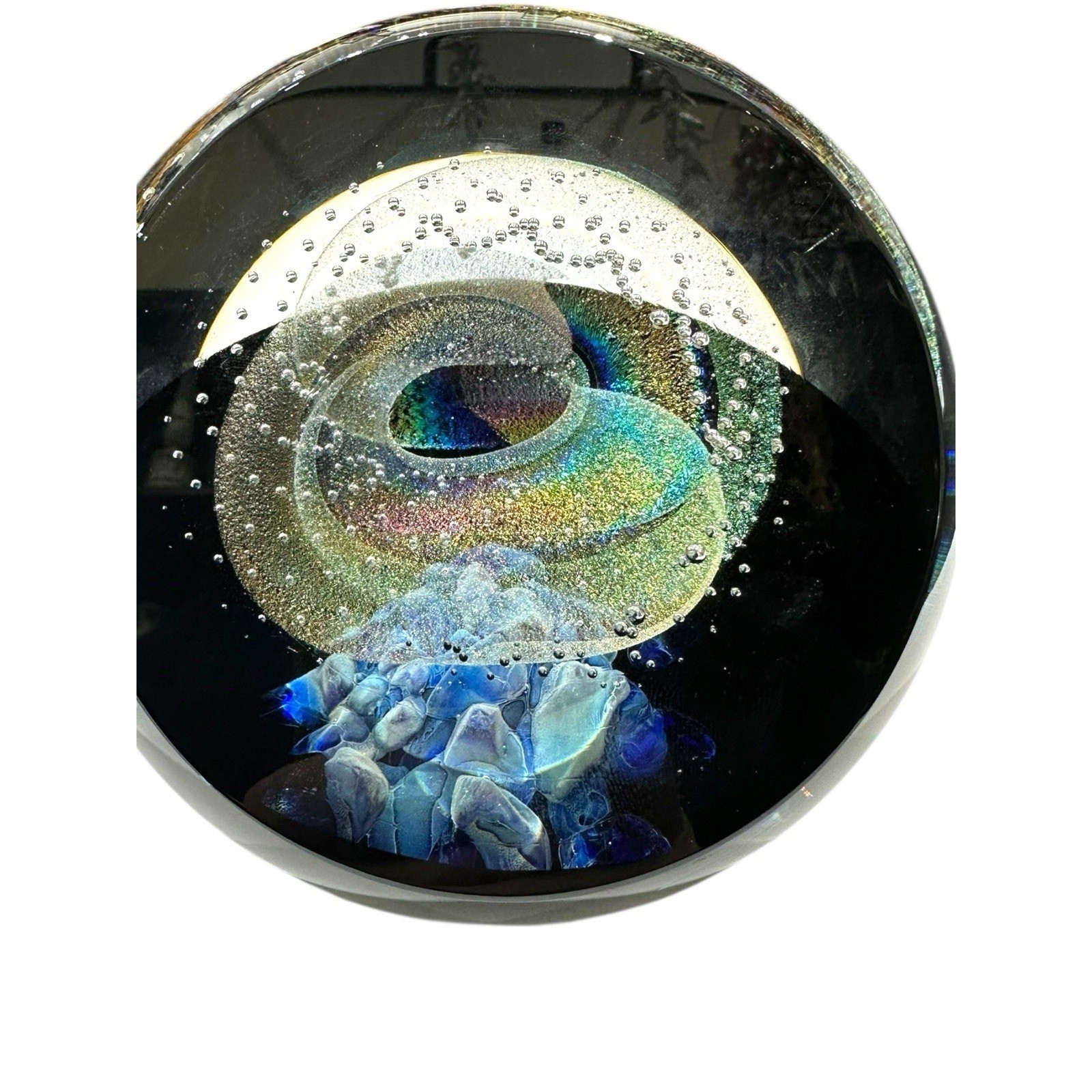 NEW Galaxy Orb 6” Swirls Dichroic Glass World Paperweight Signed Garrelts Glass