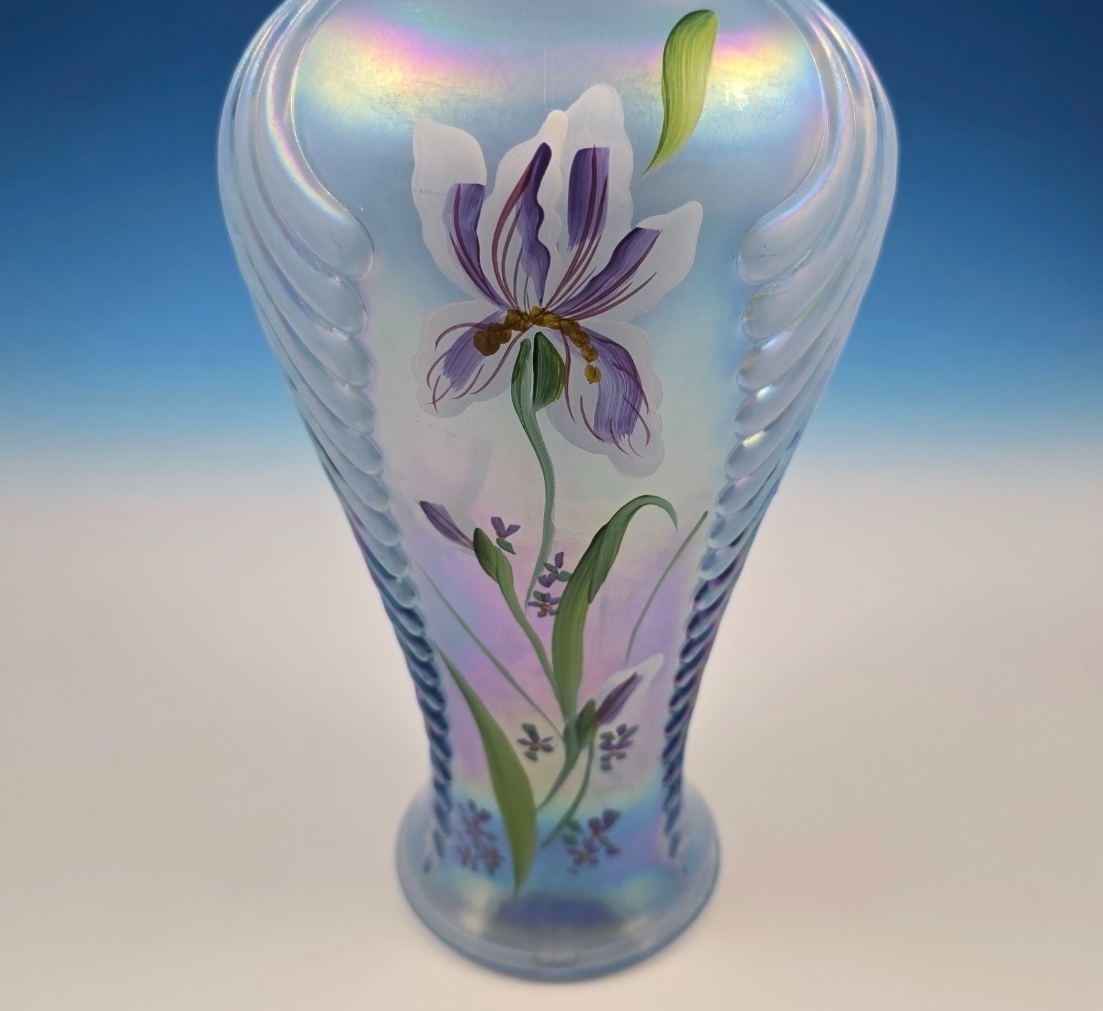 Fenton 1997 Irises on Misty Blue Satin Tall Feather Vase 2782 Iridescent 11″