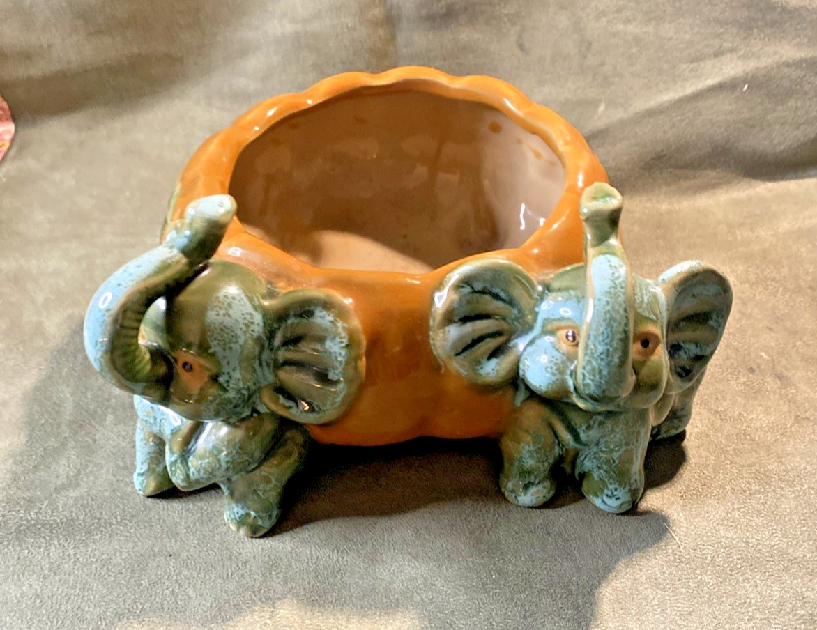 NOS 2-Elephant Trunk Up Planter Pot Green Drip Glazed Orange Ceramic Planter/FS
