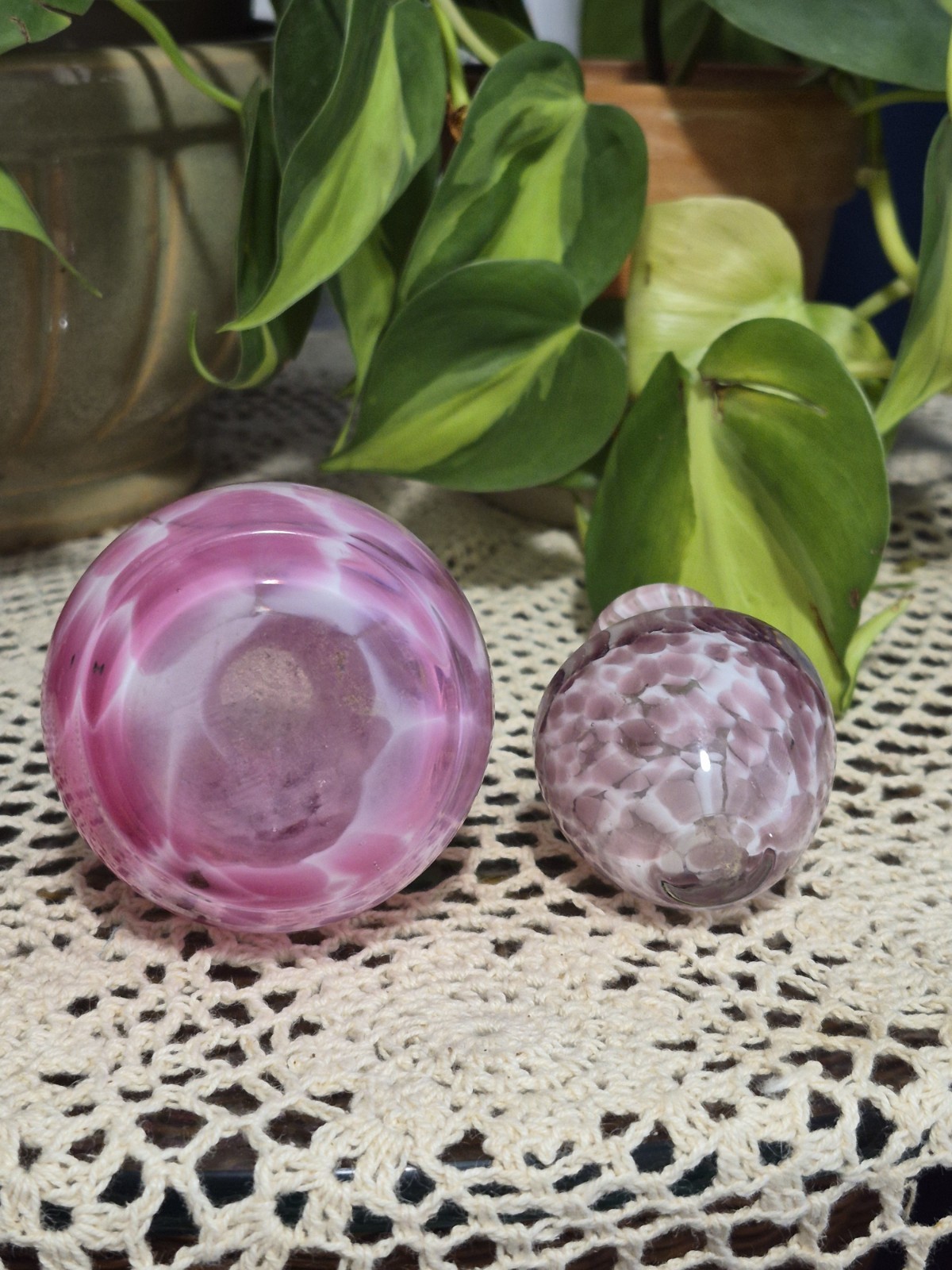 Pair Of Vintage Small Art Glass Pink Marble Spatter Cased Glass Vases