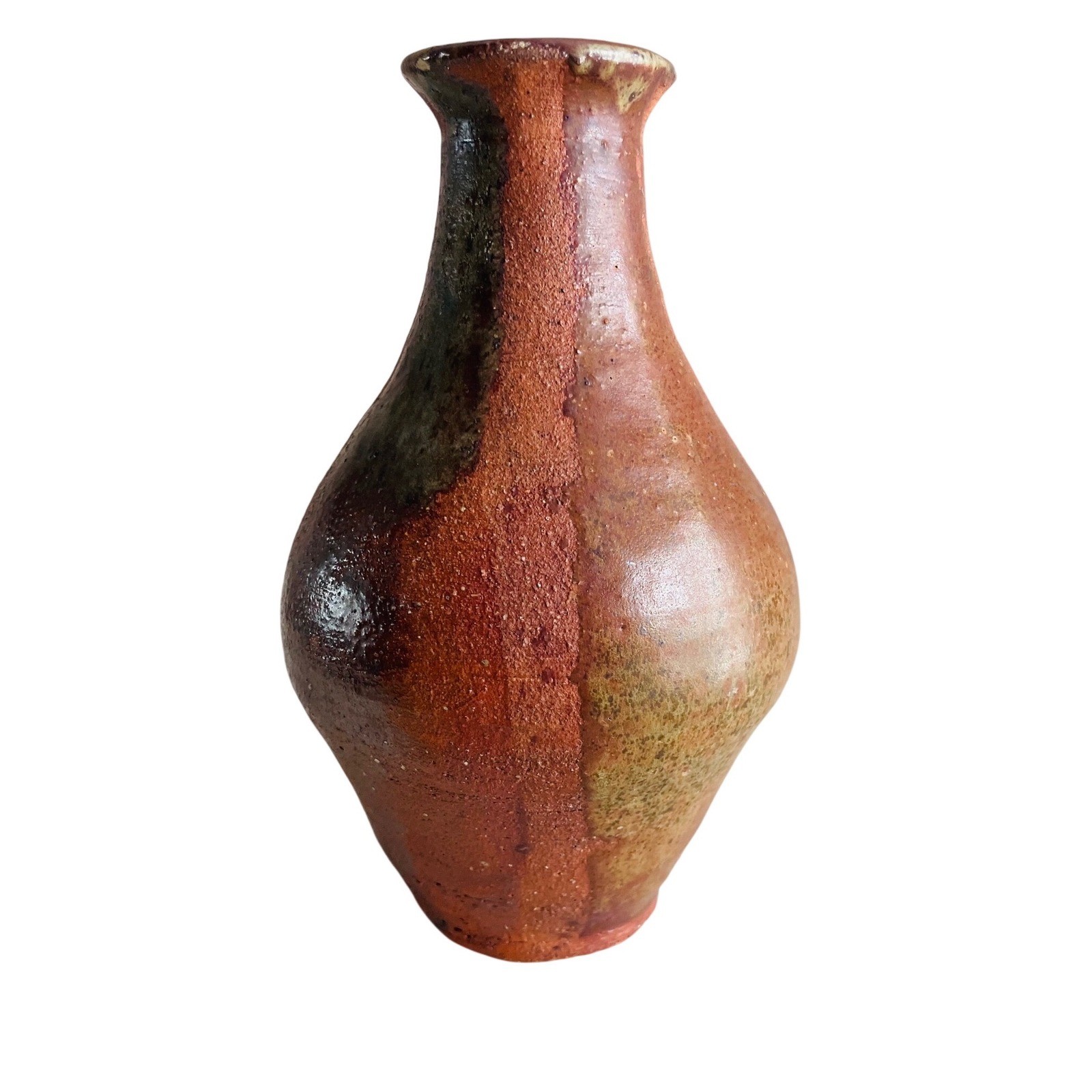 Signed Studio Pottery Vase Earthy Brown Green Glaze Hand Thrown Ceramic 7.75″