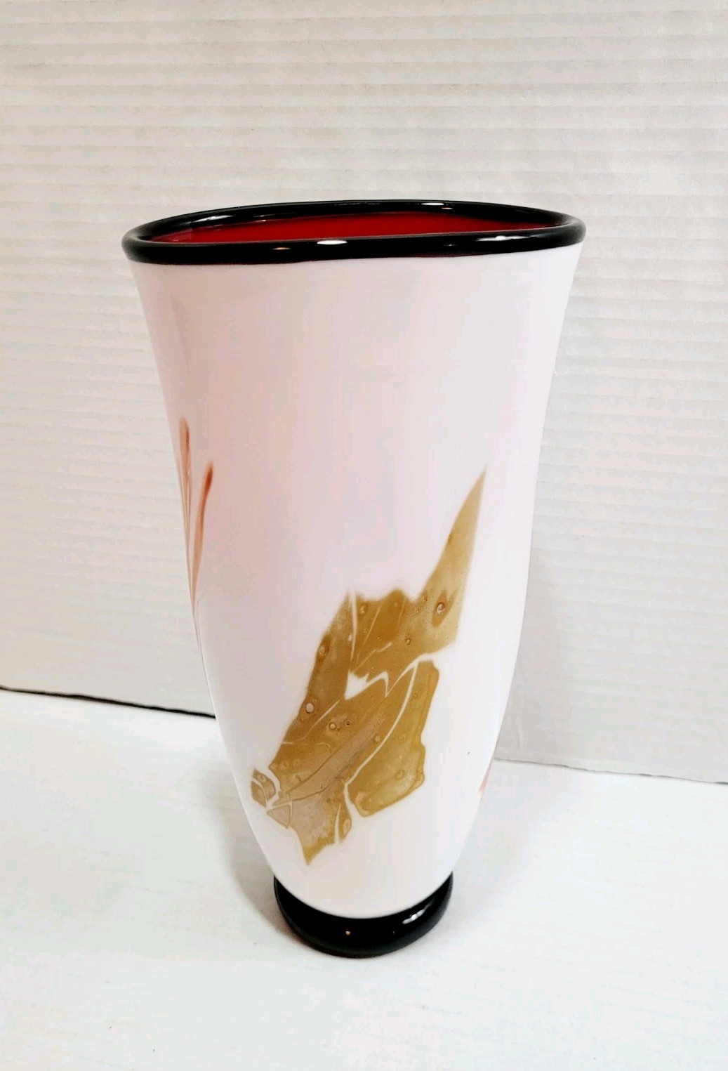 Vtg Nourot Art Glass Vase White Black Red Gold Confetti Swirl Signed 1996
