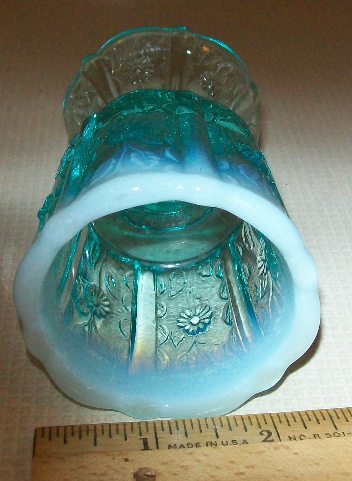 Fenton Aqua Blue Opalescent Paneled Daisy Footed Toothpick Holder 3 1/2″ Tall