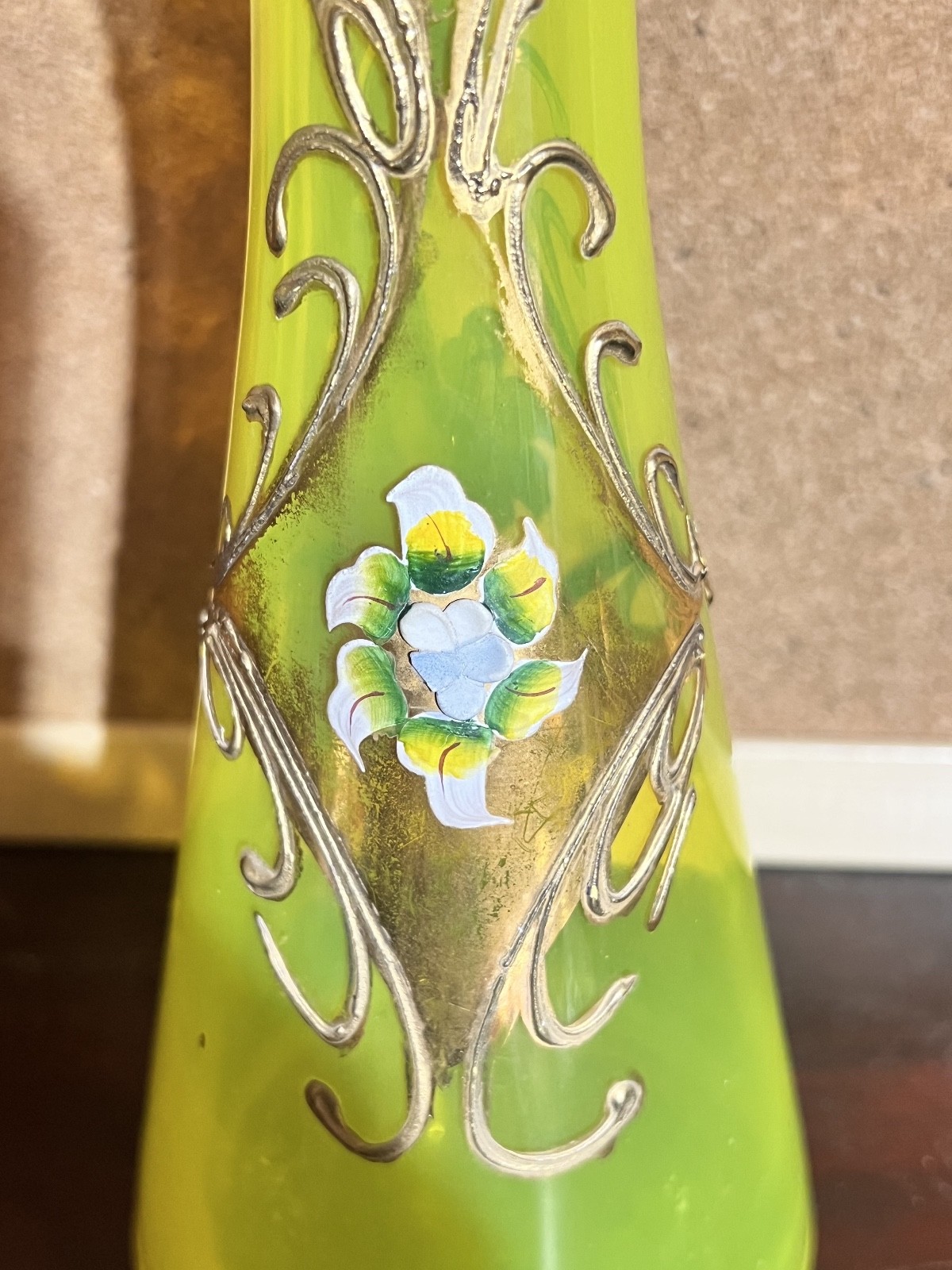 Bohemian Czech Moser Style Canary Yellow Enamel Gilt Floral Art Glass Vase