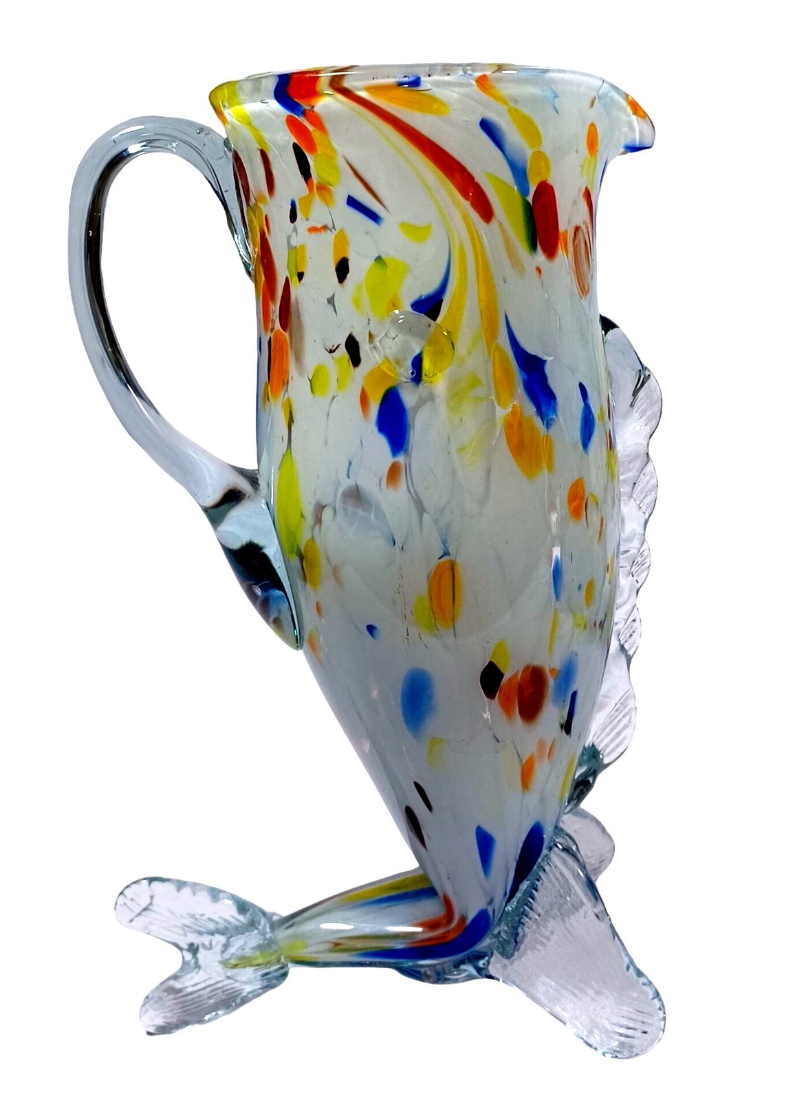 Murano Rainbow Confetti Fish Vase Pitcher Glasses Sculpture Art Glass Set of 3